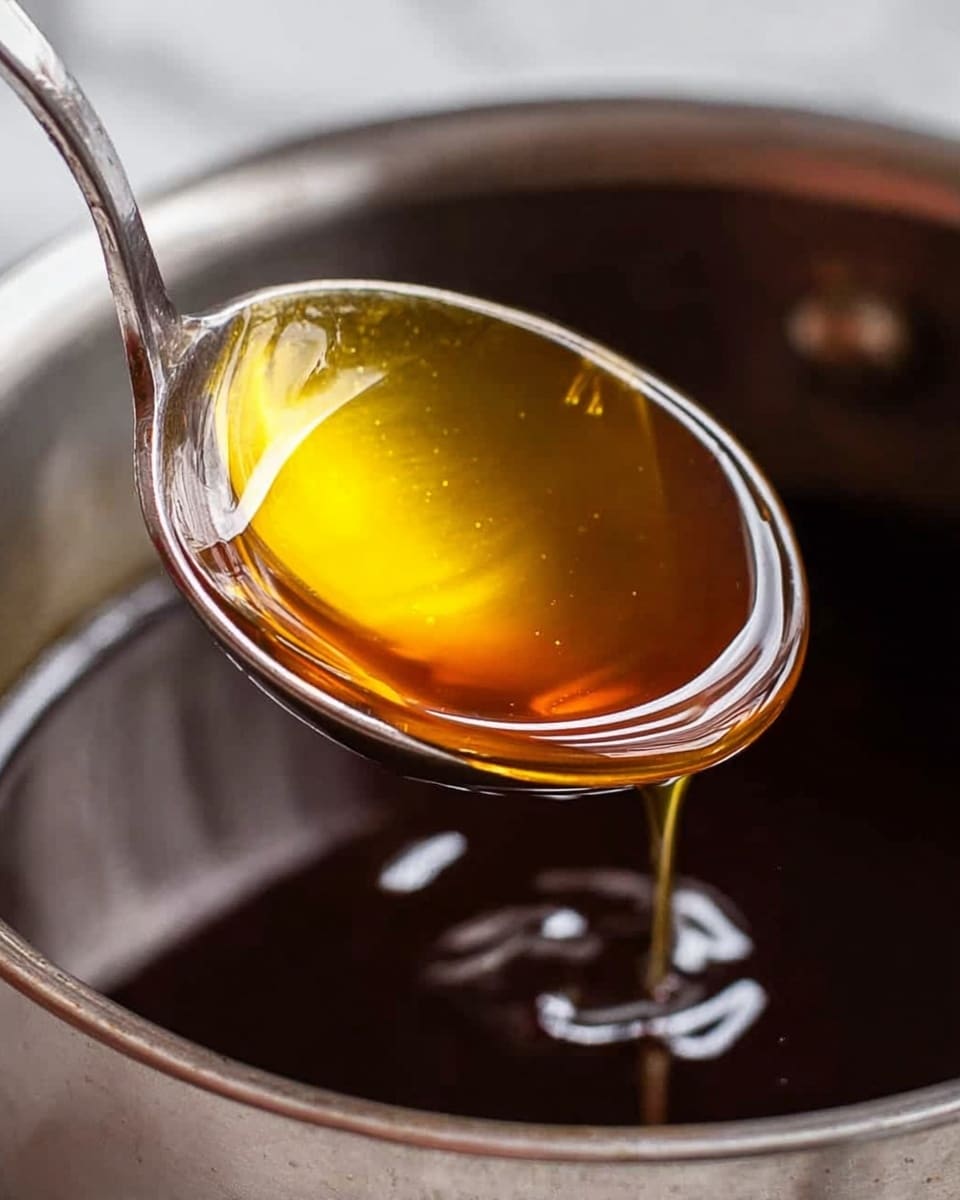 A close-up image of a metal ladle filled with a golden amber liquid being lifted above a pan filled with a dark brown liquid. The liquid in the pan has a shiny, smooth surface with some ripples and reflections, showing a hot, clear broth or sauce. The background is softly blurred, focusing fully on the ladle and the pan, which is on a white marbled surface. Photo taken with an iphone --ar 4:5 --v 7