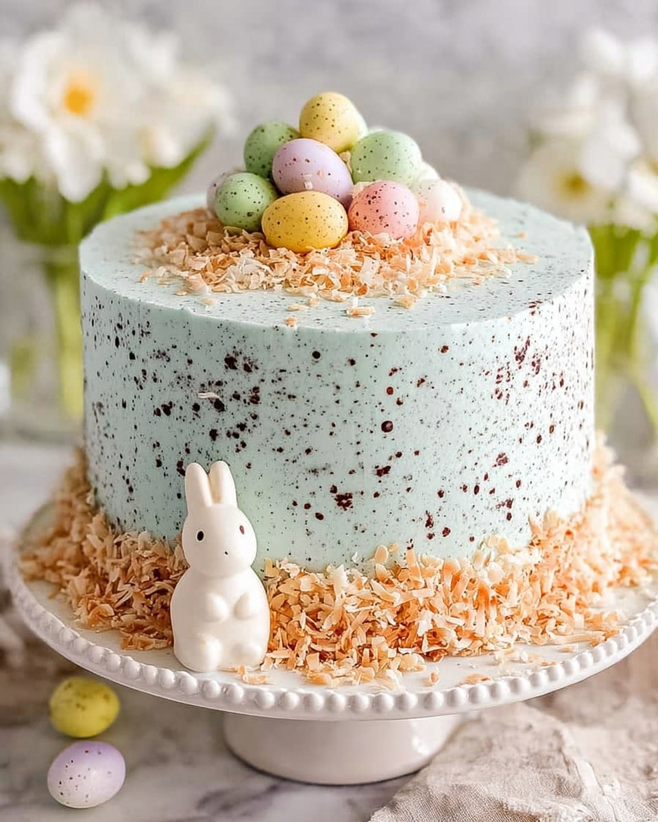 A round cake with a light blue frosting that has tiny dark specks all over it, making the surface look textured. On top of the cake is a small pile of pastel-colored candy eggs in shades of pink, green, blue, and yellow sitting on a bed of light brown toasted coconut flakes. A small, fluffy yellow chick decoration is nestled among the eggs at the top. Around the base of the cake, more pastel candy eggs are placed along with more toasted coconut flakes, and a small white bunny figure stands to one side. The cake sits on a white cake pedestal, and the background shows soft white flowers with a white marbled texture surface. Photo taken with an iphone --ar 4:5 --v 7