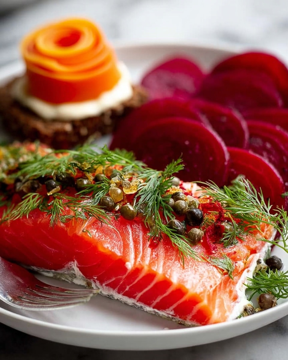 The dish shows a thick slice of bright orange salmon with white lines running through it, topped with a deep red layer, likely beet-cured. On top of the salmon, there are scattered small green herb sprigs and dark brown capers. To the side, a piece of dark rye bread holds a swirl of bright red pickled vegetables and a small dollop of white cream. The entire arrangement sits on a white plate on a white marbled surface. photo taken with an iphone --ar 4:5 --v 7