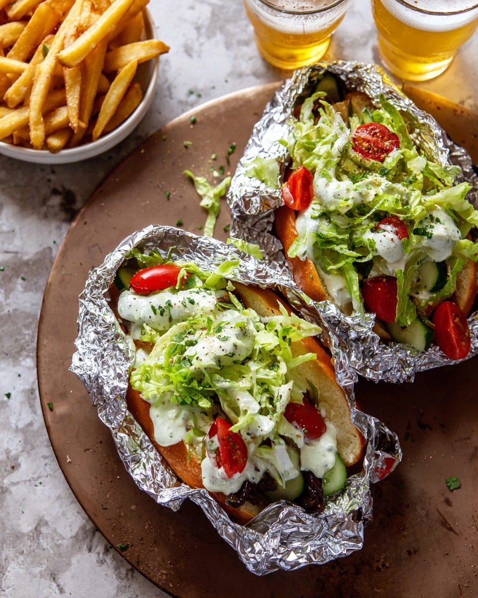 The image shows two sandwich wraps partially covered in shiny silver foil, placed side by side on a large round beige plate. Each wrap has several layers starting with a soft baked roll filled with dark grilled meat, topped with melted white cheese visible under fresh bright green shredded lettuce, sliced cucumbers, and red cherry tomatoes. Creamy white sauce is drizzled over the vegetables. In the background, a white bowl of golden french fries and a glass of light amber beer with foam are set on a dark surface with red marks. The scene is set on a white marbled texture surface. photo taken with an iphone --ar 4:5 --v 7