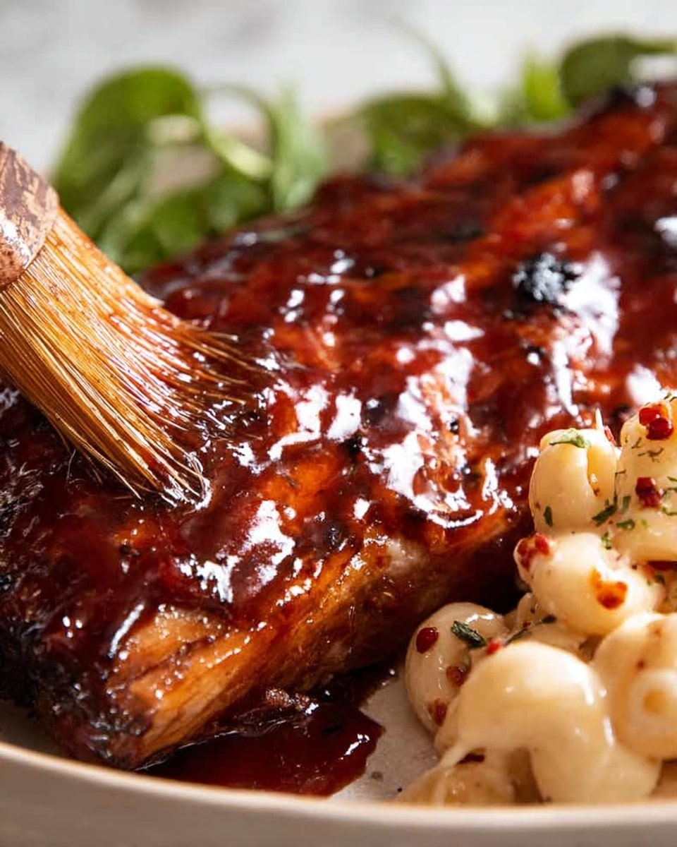 A close-up view of a richly glazed barbecue pork rib, covered in a thick, shiny dark reddish-brown sauce that looks sticky and glossy, being brushed with a natural bristle brush. The rib rests on a white plate with a creamy, pale yellow macaroni salad with visible red and green specks on the right side, and some green leafy garnish blurred softly in the background. The sauce has a smooth and wet texture, creating reflections from the light. The surface beneath the plate is a white marbled texture. photo taken with an iphone --ar 4:5 --v 7