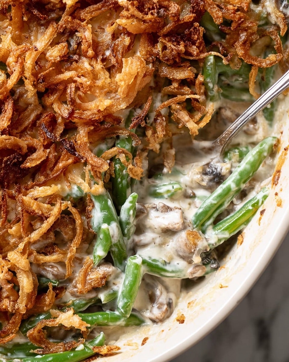 This close-up image shows a creamy casserole dish with two distinct layers. The base layer is filled with cooked green beans covered in a thick, white creamy sauce with small mushroom pieces mixed in, creating a soft and smooth texture. On top of the creamy green beans, there is a layer of crispy, golden-brown fried onions that add a crunchy texture and a rich color contrast. The dish is presented on a white marbled textured surface with a spoon partially visible, scooping into the casserole, showing the creamy sauce and the green beans inside. photo taken with an iphone --ar 4:5 --v 7