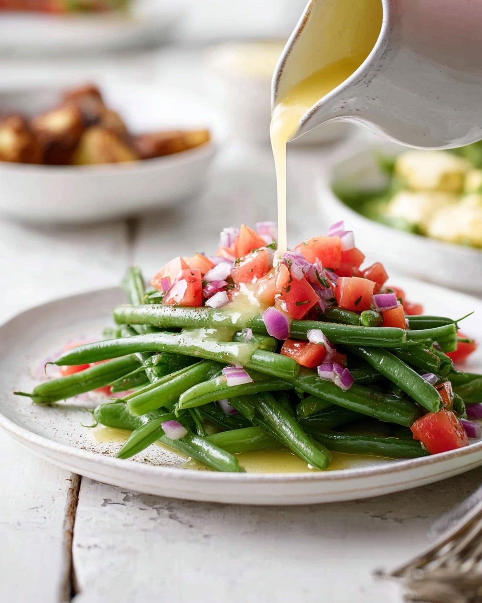 A white plate sits on a white marbled surface with a neat pile of bright green steamed green beans as the base layer, shiny and fresh-looking. On top, there is a colorful layer of small diced red tomatoes and finely chopped purple onions, evenly spread across the beans. A light yellow vinaigrette dressing is being poured from a small white pitcher, drizzling over the vegetables and adding a glossy finish. In the blurred background, white plates hold other food items, and the scene has soft natural lighting. photo taken with an iphone --ar 4:5 --v 7