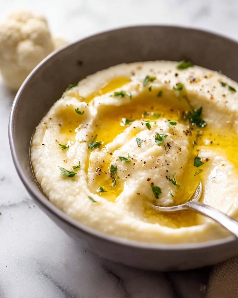 A close-up view of a single layer of creamy, smooth cauliflower puree in a white bowl, with a thick, rich texture and light beige color. The puree is topped with several small pools of golden melted butter, sprinkled with small bits of green parsley and a few specks of black pepper. A silver spoon rests on the right side of the bowl, partially dipped into the puree. The bowl sits on a white marbled surface with a soft focus background showing an out-of-focus piece of cauliflower. Photo taken with an iphone --ar 4:5 --v 7