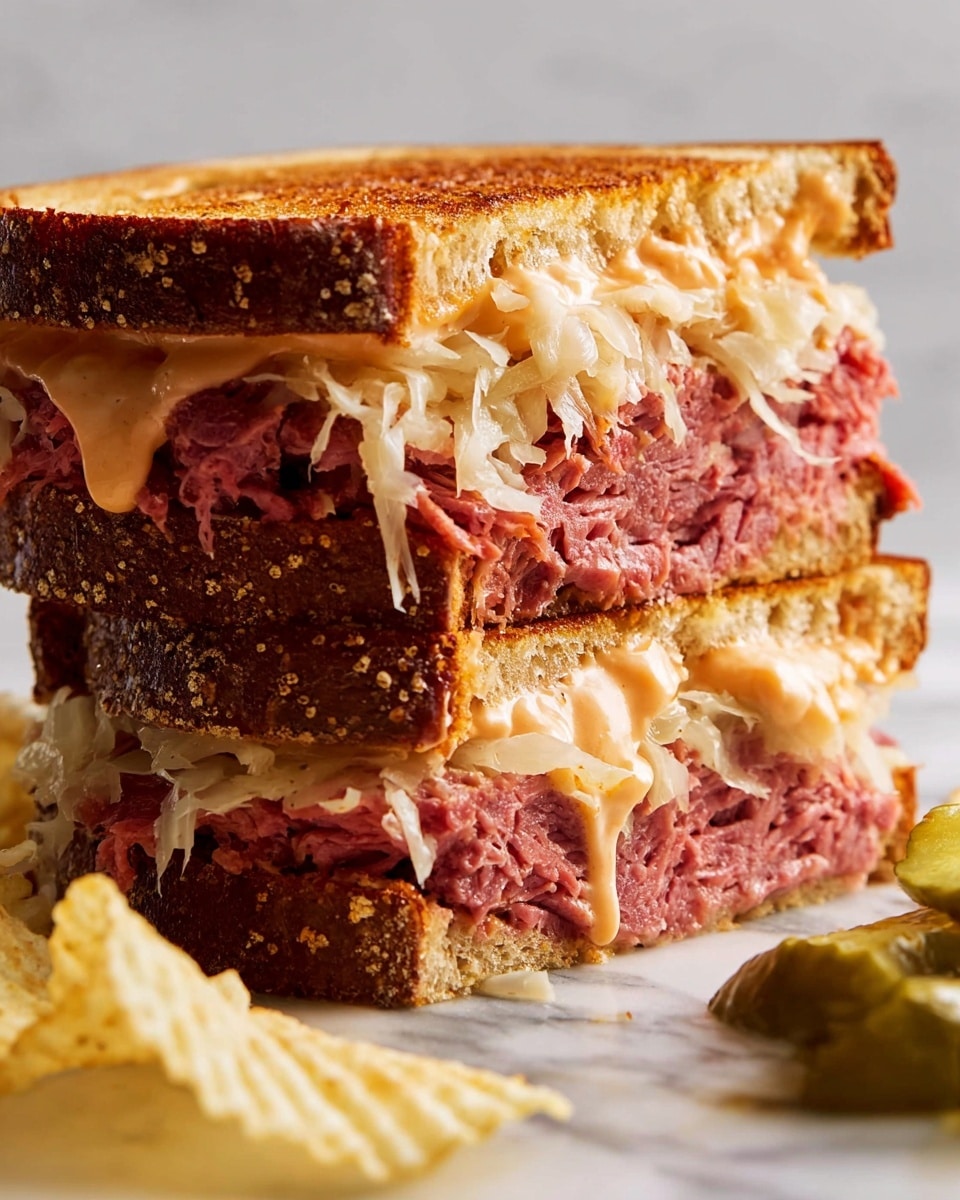A close-up view of a sandwich cut in half, stacked one piece on top of the other, showing three layers: the top and bottom layers are toasted brown bread with a rough, crisp texture, and the middle layer is thick, pinkish-red slices of corned beef with visible grain. Between the meat and bread, there are layers of melted white cheese that is slightly stringy and soft, along with shredded pale sauerkraut peeking out. There is a creamy orange sauce spread inside the bread layers, slightly melting and oozing at the edges. The sandwich sits on a white marbled surface, with some scattered potato chips and small green pickles around it. Photo taken with an iphone --ar 4:5 --v 7