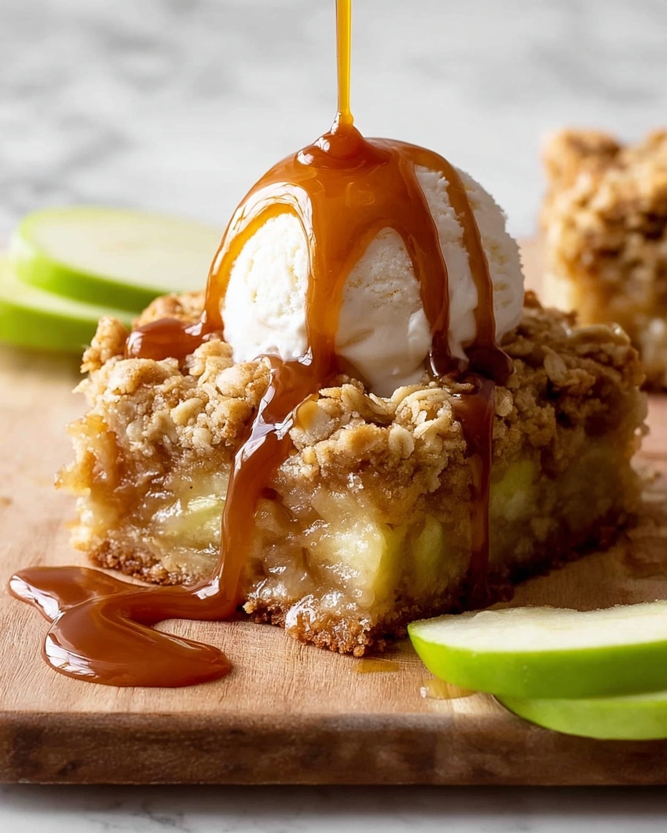 A close-up image showing a square piece of apple crumble bar with three visible layers: the bottom layer is a light brown crust, the middle layer is a warm golden apple filling with soft texture, and the top layer has a crumbly mixture of oats and brown sugar. On top of the crumble bar sits a scoop of creamy white vanilla ice cream. Thick caramel sauce is being poured over the ice cream and partly flowing down the crumble, creating a glossy, rich texture. To the left, thin slices of green apple with caramel drizzles are placed on the wooden surface underneath. The background is a white marbled texture. photo taken with an iphone --ar 4:5 --v 7
