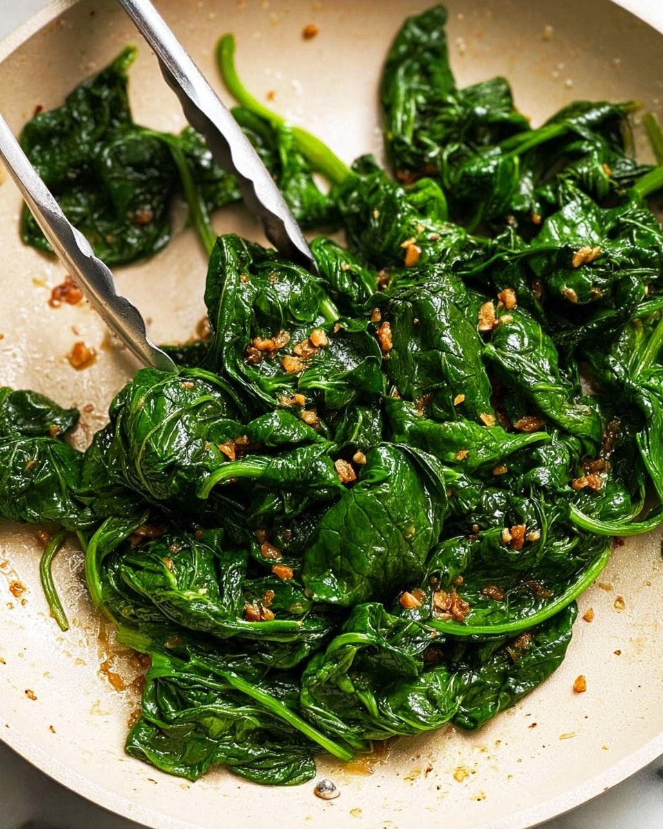 This image shows cooked spinach in a light-colored pan with a white marbled texture background. The spinach leaves are dark green, soft, and slightly shiny with visible stems, spread loosely across the pan. Small bits of golden-brown garlic are sprinkled evenly over the spinach, adding texture and contrast. A silver pair of tongs is resting on the edge of the pan, ready to serve the spinach. photo taken with an iphone --ar 4:5 --v 7