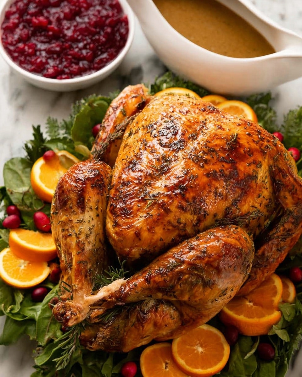 A whole roasted turkey with golden brown, crispy skin sits in the center, its surface speckled with black pepper and herbs showing a textured, roasted finish. The turkey is placed on a bed of mixed green leaves, surrounded by bright orange slices and red cranberries adding splashes of vibrant color. To the right is a white sauce boat filled with brown gravy, and above is a white bowl filled with deep red cranberry sauce. The background is a white marbled texture, enhancing the rich colors of the turkey and fruit around it. photo taken with an iphone --ar 4:5 --v 7