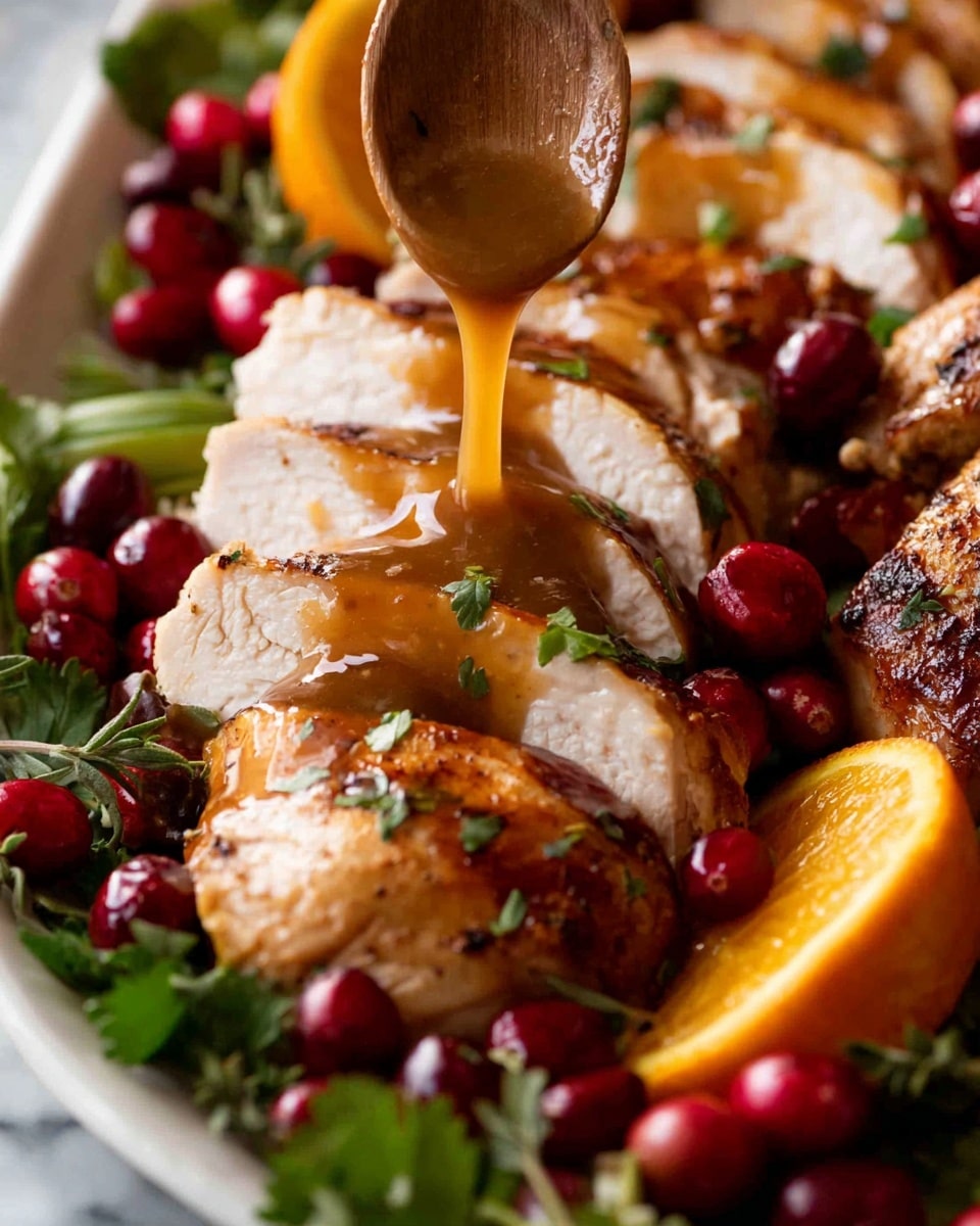 The image shows sliced roasted chicken with a golden brown crispy skin, arranged in layers with white inside meat visible. A light brown sauce is being poured thickly over the middle slices, creating a glossy coating. Around the chicken, there are whole red cranberries scattered for color and green leafy herbs adding freshness. On the side, bright orange slices with smooth skin and juicy texture provide a pop of warm color. The whole dish is set on a white marbled surface that adds subtle texture to the background. photo taken with an iphone --ar 4:5 --v 7