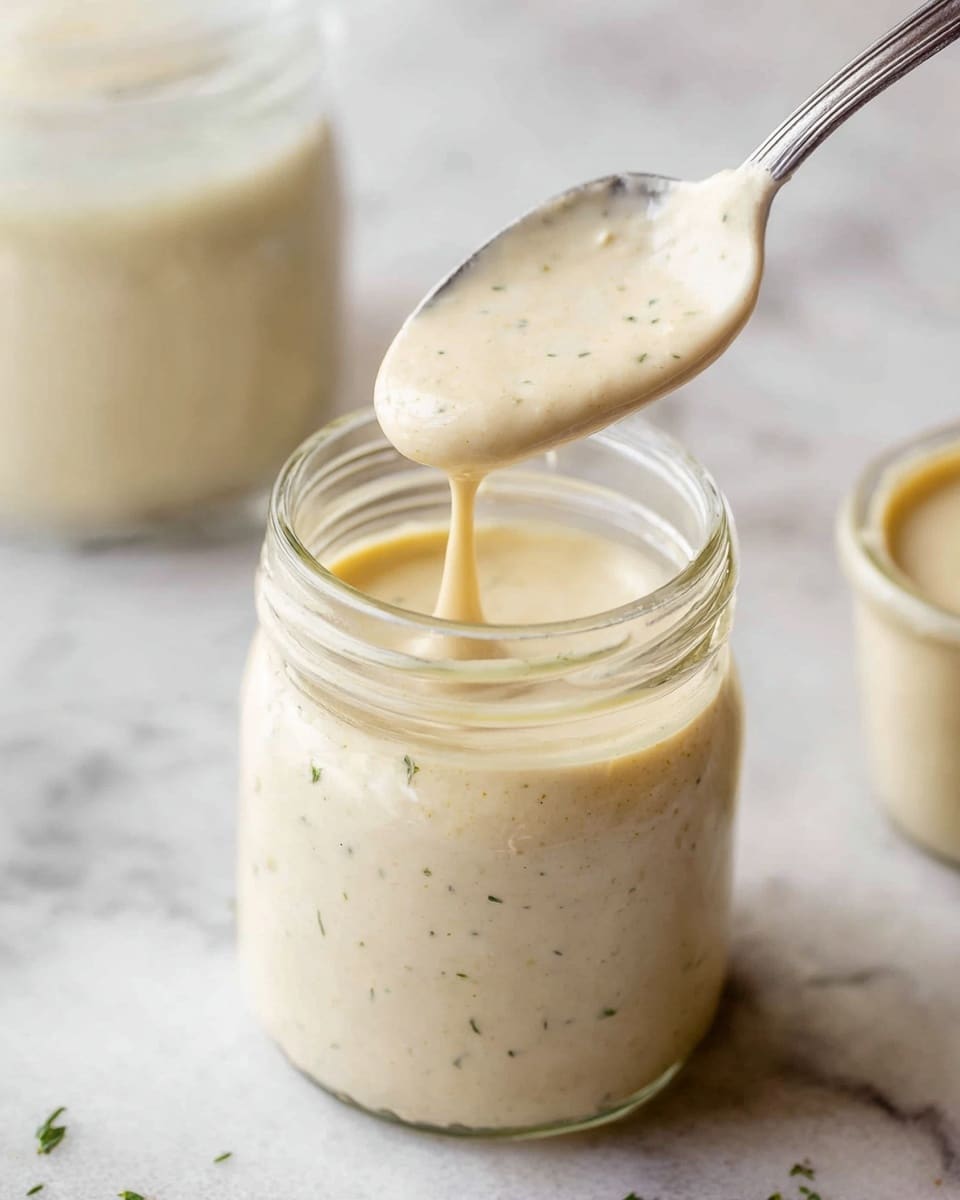 A small clear glass jar filled nearly to the top with thick, creamy light beige sauce with tiny dark specks, showing a smooth and slightly chunky texture. A silver spoon is lifted above the jar, holding a generous scoop of the sauce that drips slightly back into the jar. In the blurred background, another jar with the same sauce is partially visible. The scene is set against a white marbled surface, giving a clean, fresh look. photo taken with an iphone --ar 4:5 --v 7