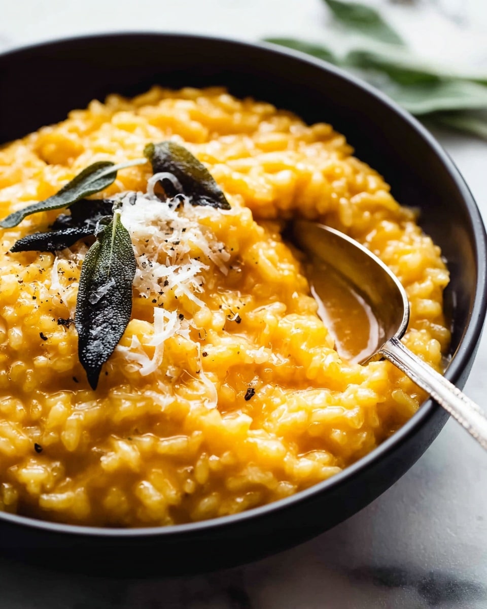 A close-up view of a dish in a white bowl filled with thick, creamy, orange-yellow risotto. The risotto has a soft, slightly chunky texture with visible grains, and it is topped with dark green crispy sage leaves and finely grated white cheese. A silver spoon is partially submerged on the right side, cutting into the risotto. The bowl is placed on a white marbled surface with a few green leaves scattered around. Photo taken with an iphone --ar 4:5 --v 7