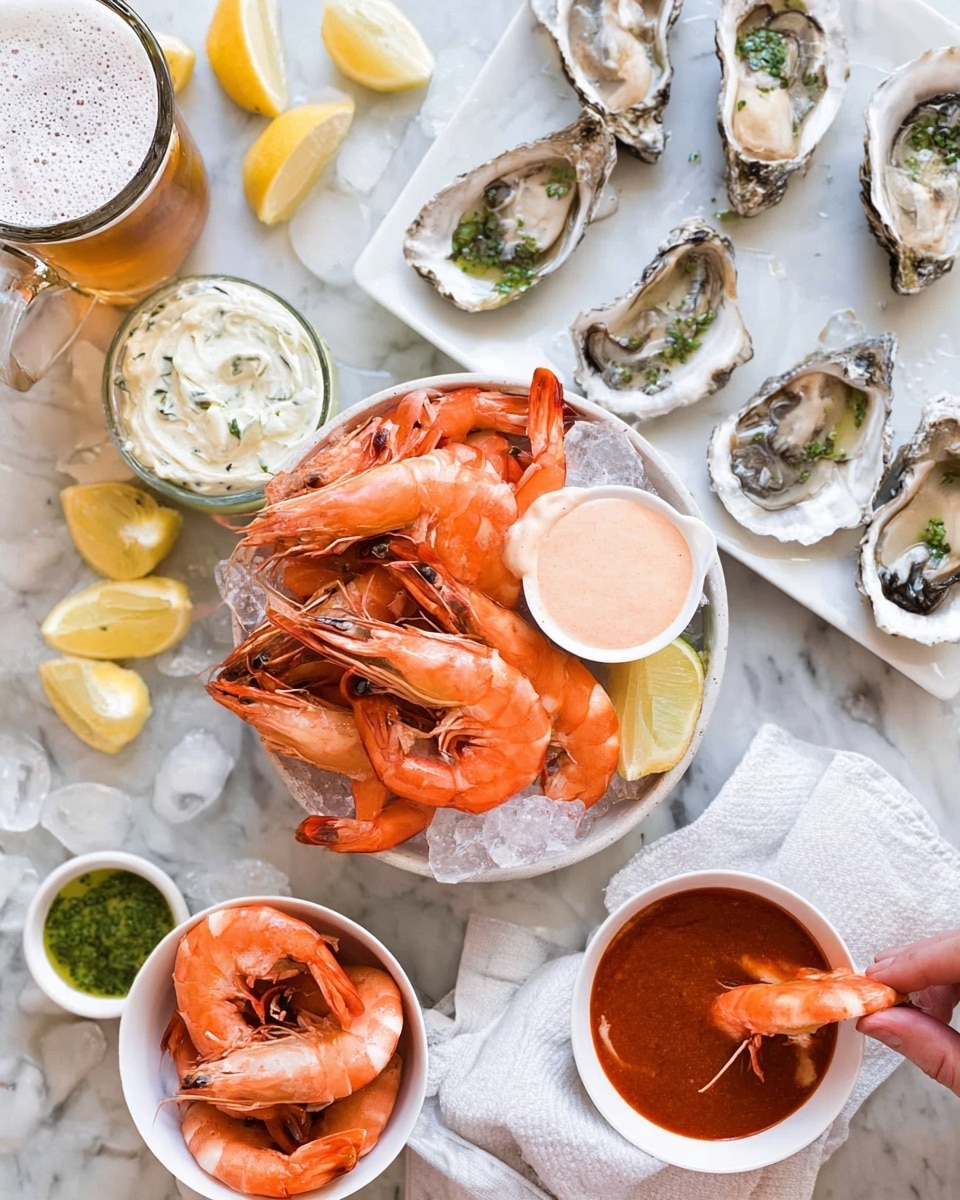 The image shows a seafood spread centered around bright orange shrimp with black eyes and long thin antennae, layered on a bed of crushed ice in a large white bowl, garnished with lemon wedges and a small white bowl of light pink dipping sauce in the middle. Nearby, there is a smaller stainless steel bowl filled with more shrimp on ice. At the top, a white rectangular tray holds opened oyster shells with the creamy brownish oyster meat inside. Surrounding the bowls are four small white bowls containing different sauces: a creamy white sauce with herbs, a green herb sauce garnished with lime slice, a dark orange sauce being dipped into by a woman's hand holding a shrimp, and a pale beer glass filled with foam at the top. The entire scene is set on a white marbled surface with scattered lemon wedges adding bright yellow touches. photo taken with an iphone --ar 4:5 --v 7