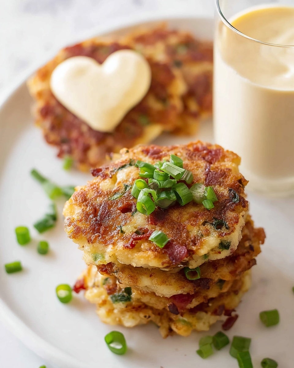 The image shows a stack of three golden brown fritters with a crispy texture, each fritter mixed with green onion slices and small reddish bits, placed on a white marbled surface. The top fritter is sprinkled with fresh green onion rings and more reddish bits, giving it a colorful look. Behind the stack, there is a single fritter with a white heart-shaped dollop on top, decorated with a few green onion pieces. To the right side of the fritters, there is a glass filled with a creamy beige drink. Some green onion pieces and reddish bits are scattered around the fritters. photo taken with an iphone --ar 4:5 --v 7