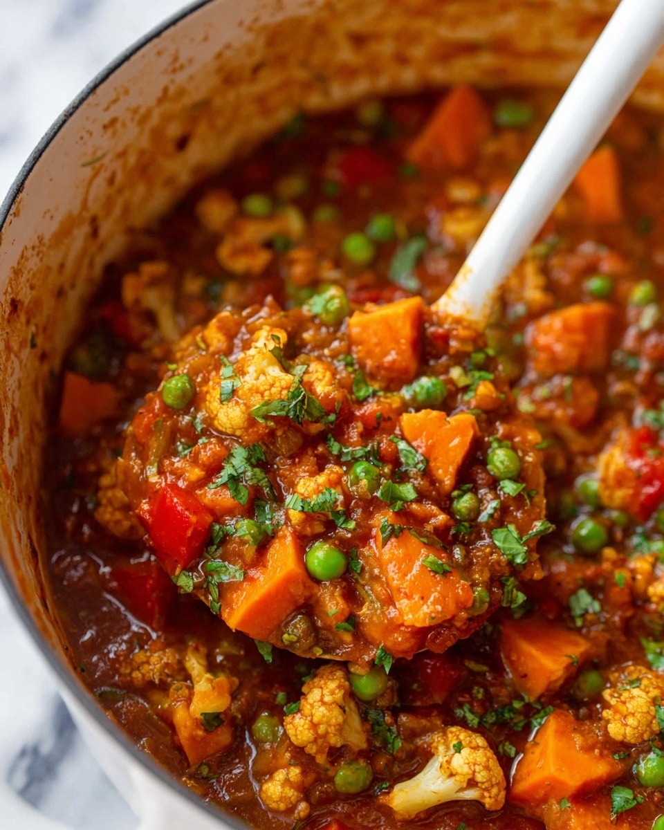 A close-up of a thick vegetable stew inside a white pot with a white spoon stirring the mixture on the right side. The stew has several layers of chunky orange sweet potatoes, small green peas, pieces of cauliflower, red bell pepper chunks, and other green vegetables mixed in a brownish-orange, thick broth sauce. Small bits of herbs and spices are scattered on top and within the stew, adding more green spots to the mix. The pot edge shows some sauce splashed, and the background is a white marbled texture. photo taken with an iphone --ar 4:5 --v 7
