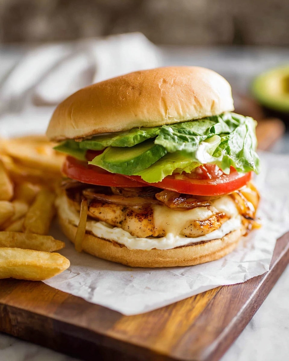 A close-up view of a chicken sandwich with several layers: a soft golden-brown bun on top, a layer of white sauce just beneath the top bun, bright red tomato slices, fresh green lettuce, grilled chicken with melted light yellow cheese and caramelized onions below that, a greenish mashed avocado spread, and the bottom golden bun. The sandwich is placed on white parchment paper resting on a rustic wooden surface, with a few golden-brown potato wedges on the side. The background surface is a white marbled texture. photo taken with an iphone --ar 4:5 --v 7