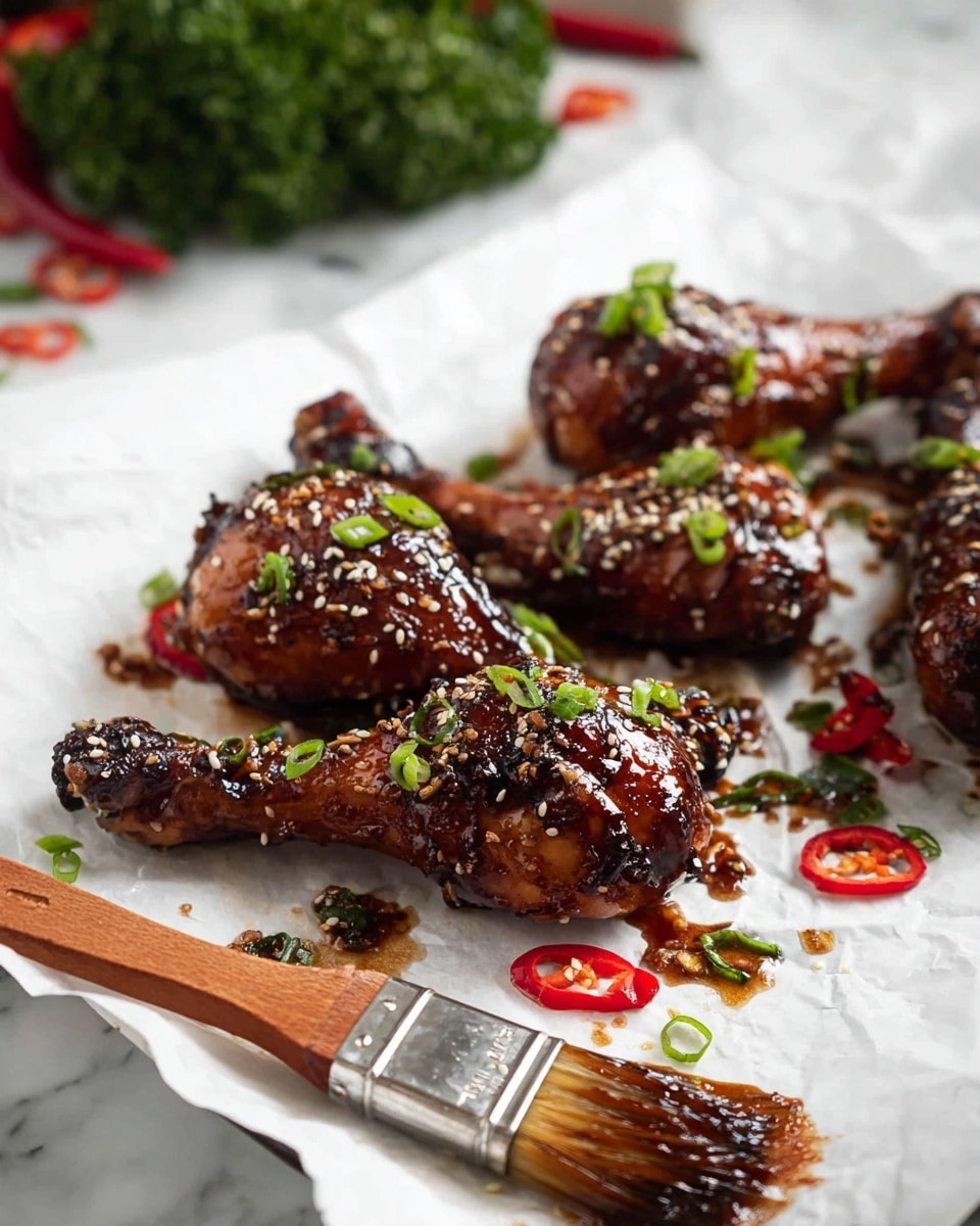 Several pieces of grilled chicken drumsticks with a shiny, dark brown glaze lay on white parchment paper over a white marbled surface. The chicken has grill marks and is sprinkled with white sesame seeds and finely chopped green onions. Thin slices of red chili peppers are scattered around the chicken, adding bright red color. A basting brush with dark sauce rests near the chicken, with some sauce drizzled and smeared on the parchment. In the blurred background, fresh green broccoli florets with a few red chili slices add contrast. Photo taken with an iphone --ar 4:5 --v 7