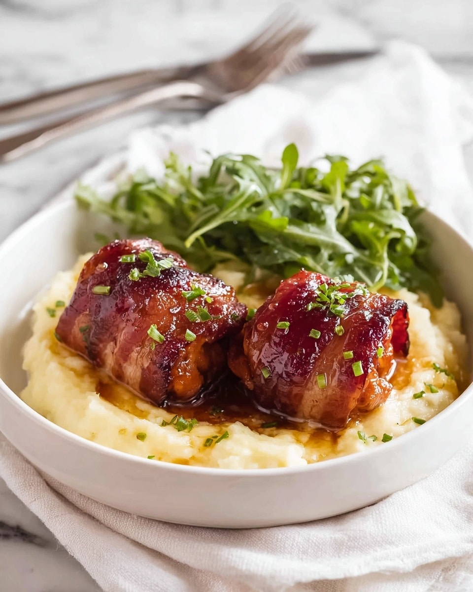A white bowl holds a base layer of creamy, light yellow mashed potatoes with a soft, smooth texture spread evenly at the bottom. On top of this, two golden-brown bacon-wrapped pieces of meat rest side by side; the bacon is shiny, crisp, and glazed, with small green herb sprinkles on top. Behind the bacon-wrapped meat, there is a small pile of fresh, leafy green salad with a slightly rough texture, adding contrast to the dish. The bowl is placed on a white marbled surface with a white cloth underneath. Photo taken with an iphone --ar 4:5 --v 7