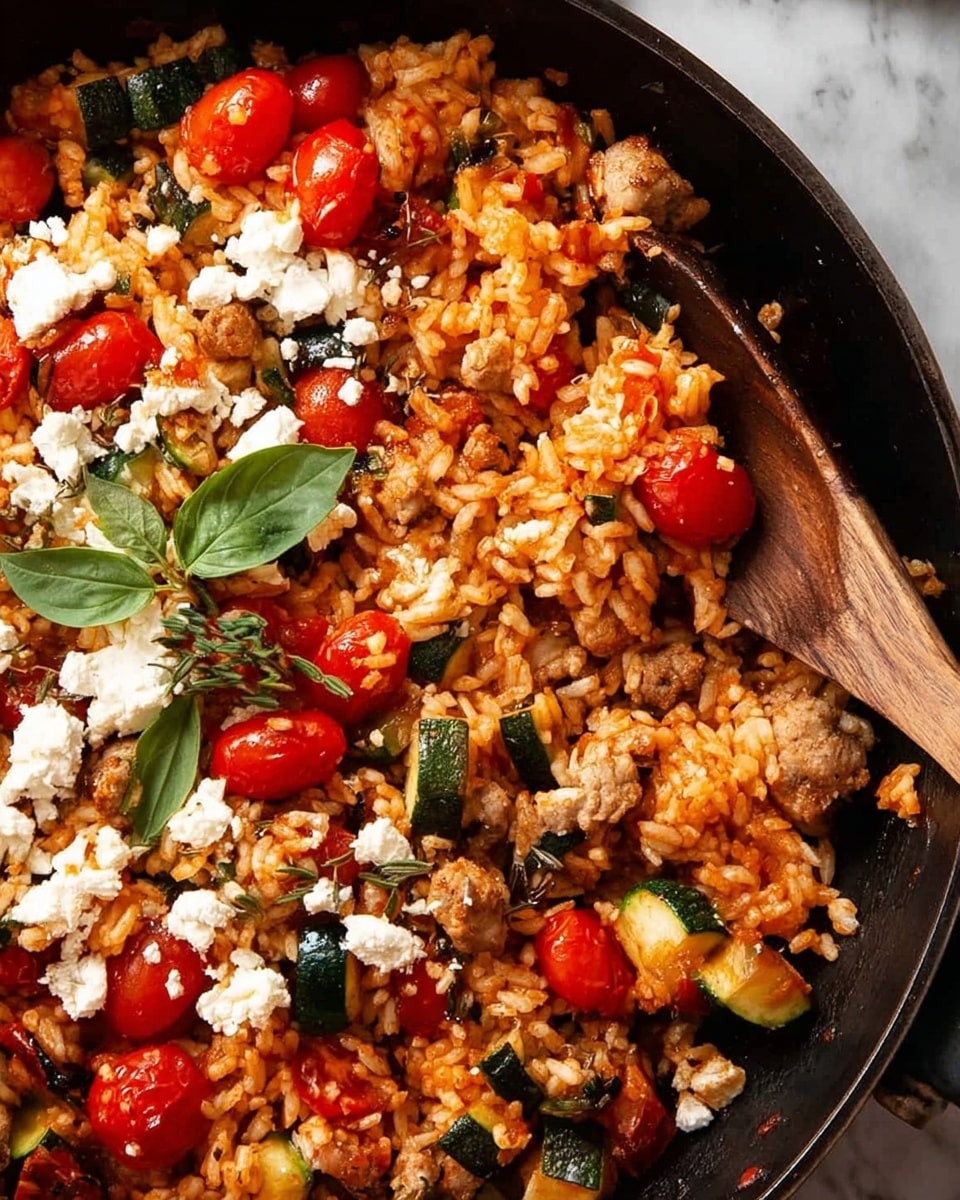 A close-up view of a cooked dish in a black skillet showing one main layer of mixed ingredients. The dish has orange-red cooked rice evenly spread, mixed with bright red cherry tomatoes, small chunks of cooked brown chicken or meat, and small pieces of green herbs. White crumbled cheese is scattered on top, adding a light contrast. A metal serving spoon with a light wooden handle rests on the right side in the skillet. The background is a white marbled texture. photo taken with an iphone --ar 4:5 --v 7