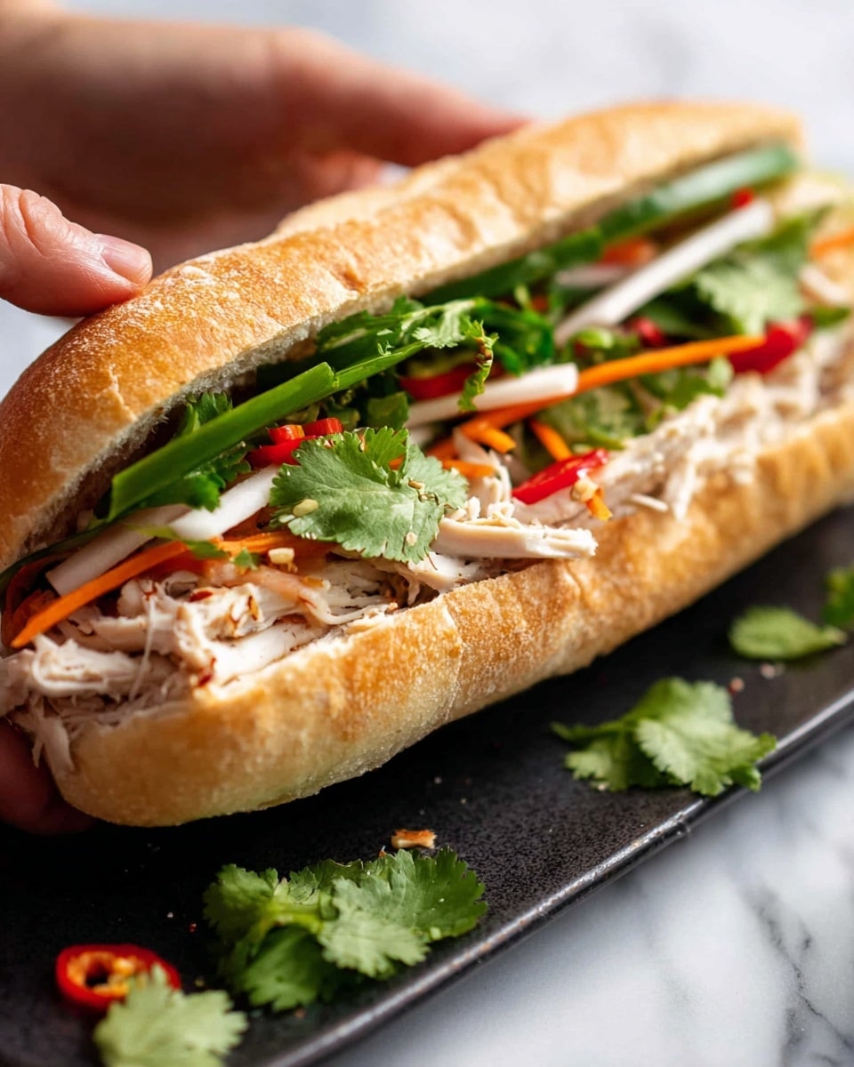 A close-up view of a sandwich held by a woman's hand with a soft light brown bread roll cut open. Inside the sandwich, there are several layers starting with shredded white chicken meat at the bottom, followed by thin white and orange vegetable sticks, then bright green fresh herbs including cilantro and long green onion slices, and small red chili slices scattered on top. The sandwich is placed on a black tray with some loose green herbs around it, all set on a white marbled surface. The overall look is fresh and colorful with a rustic feel. photo taken with an iphone --ar 4:5 --v 7