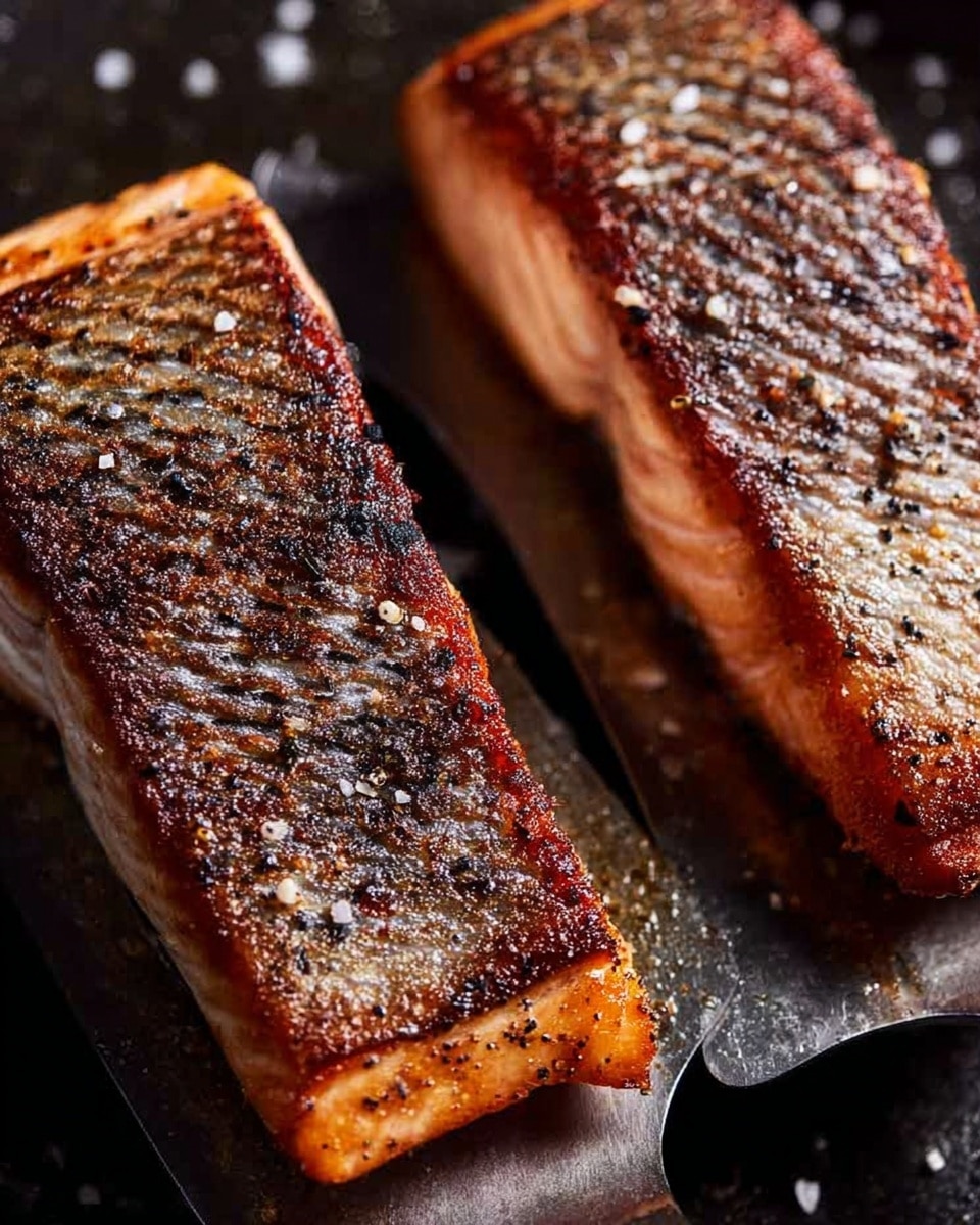 Two thick pieces of salmon fillet with crispy, golden-brown skin are shown close up on a spatula above a dark pan. The skin has charred grill marks and is sprinkled with coarse sea salt and cracked black pepper, making the surface shiny and textured. The flesh underneath is barely visible but looks tender and juicy. Some salt crystals are scattered around on the pan surface, which is changed to a white marbled texture. photo taken with an iphone --ar 4:5 --v 7