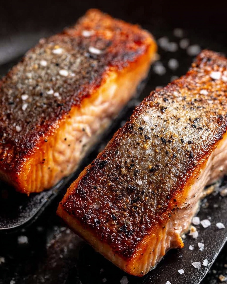 Two pieces of salmon with crispy, golden-brown skin are shown up close, lying on a metal spatula. The skin has dark grill marks, small salt flakes, and a peppery texture, contrasting with the slightly pink and tender inside of the fish. The shiny surface below the spatula suggests a hot cooking pan with tiny salt grains scattered around. photo taken with an iphone --ar 4:5 --v 7