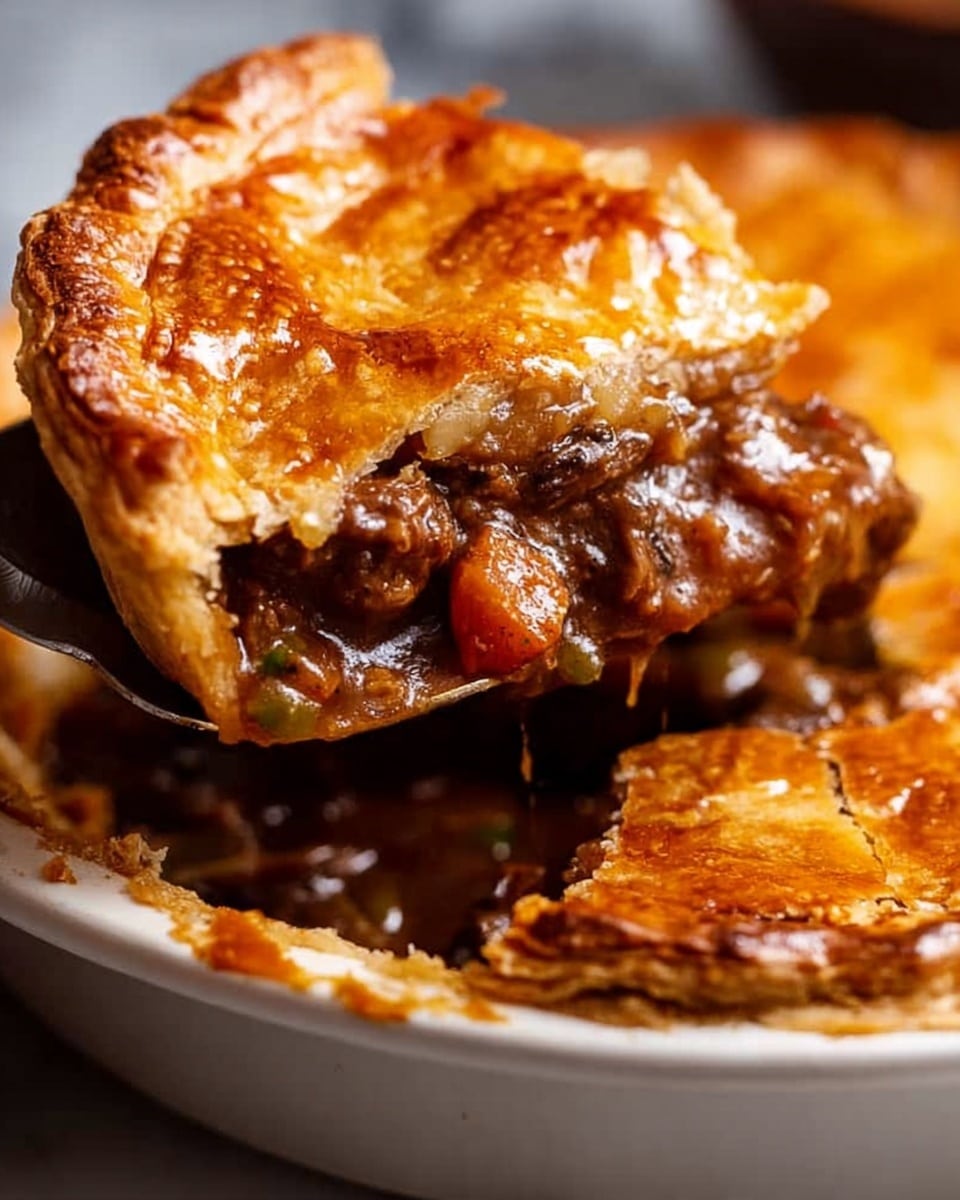 A slice of meat pie is being lifted out of a white plate by a metal spatula. The pie has three main layers: the top is a golden brown, crispy crust with a slightly rough texture and shiny spots from baking; the middle layer is thick, containing a rich, dark brown, glossy meat filling mixed with visible chunks of vegetables and sauce; the bottom crust is a thin, firm, golden layer that holds the filling well. The white plate contrasts with the dark filling and golden crust, all set against a white marbled texture background. photo taken with an iphone --ar 4:5 --v 7