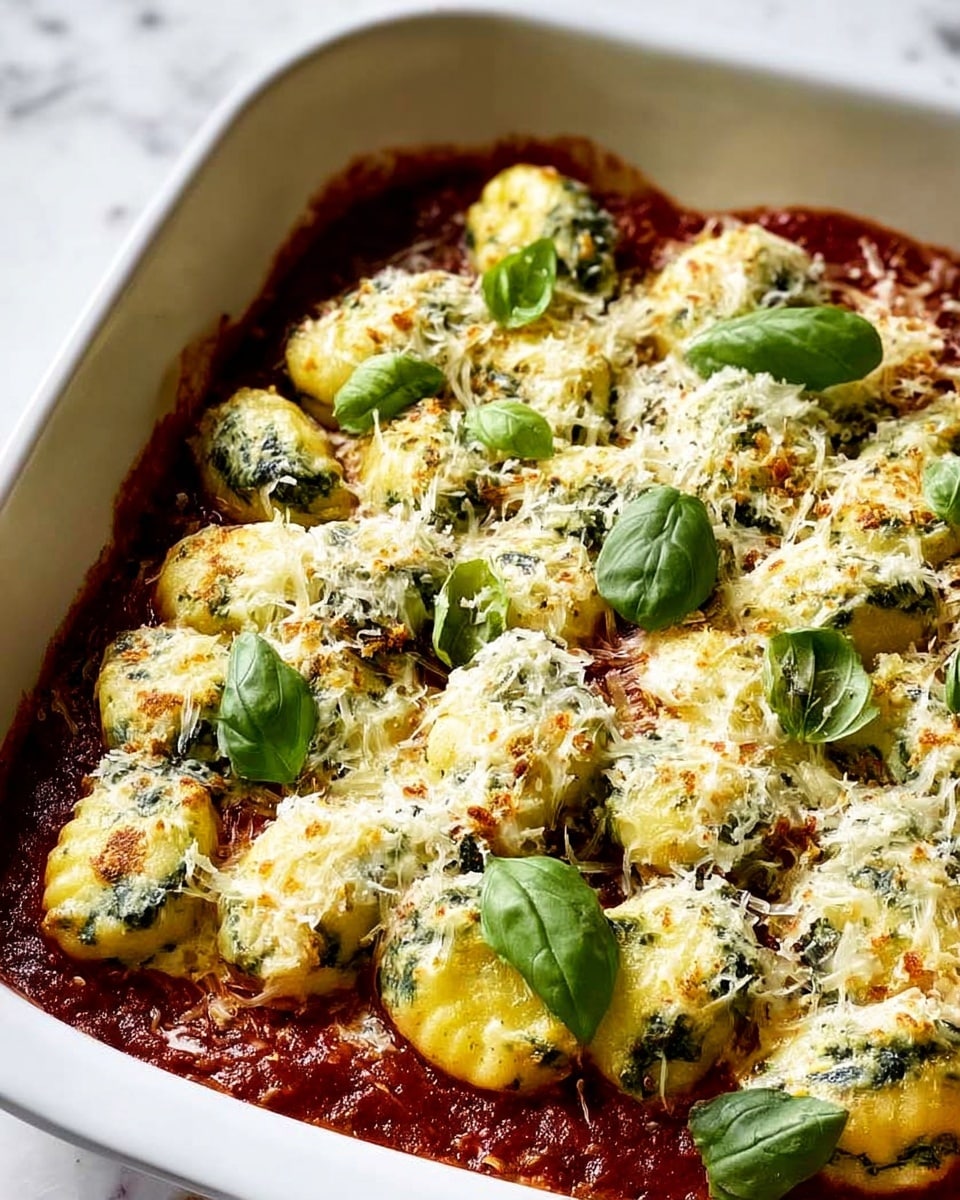 The dish is shown in a white square baking dish filled with a deep red tomato sauce layer at the bottom, rich and slightly chunky. On top, there is a layer of small, oval-shaped dumplings or gnocchi in a creamy yellow with green spinach flecks baked until golden. The dumplings are sprinkled with a generous layer of finely shredded white cheese that melts slightly over them. Scattered fresh green basil leaves are placed on top, adding a fresh contrast in color and texture against the creamy cheese and red sauce. The dish is set on a white marbled textured surface. photo taken with an iphone --ar 4:5 --v 7