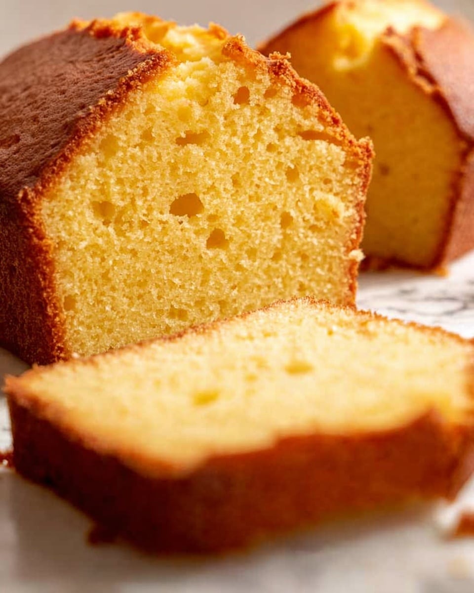 Two slices of yellow pound cake with a golden brown crust are shown close up. The cake texture looks moist and soft with small air holes all over. The slices are placed flat, one slightly behind the other, on a white surface with a white marbled texture. The front edge of the whole cake, with a darker brown crust, is blurred in the foreground. photo taken with an iphone --ar 4:5 --v 7