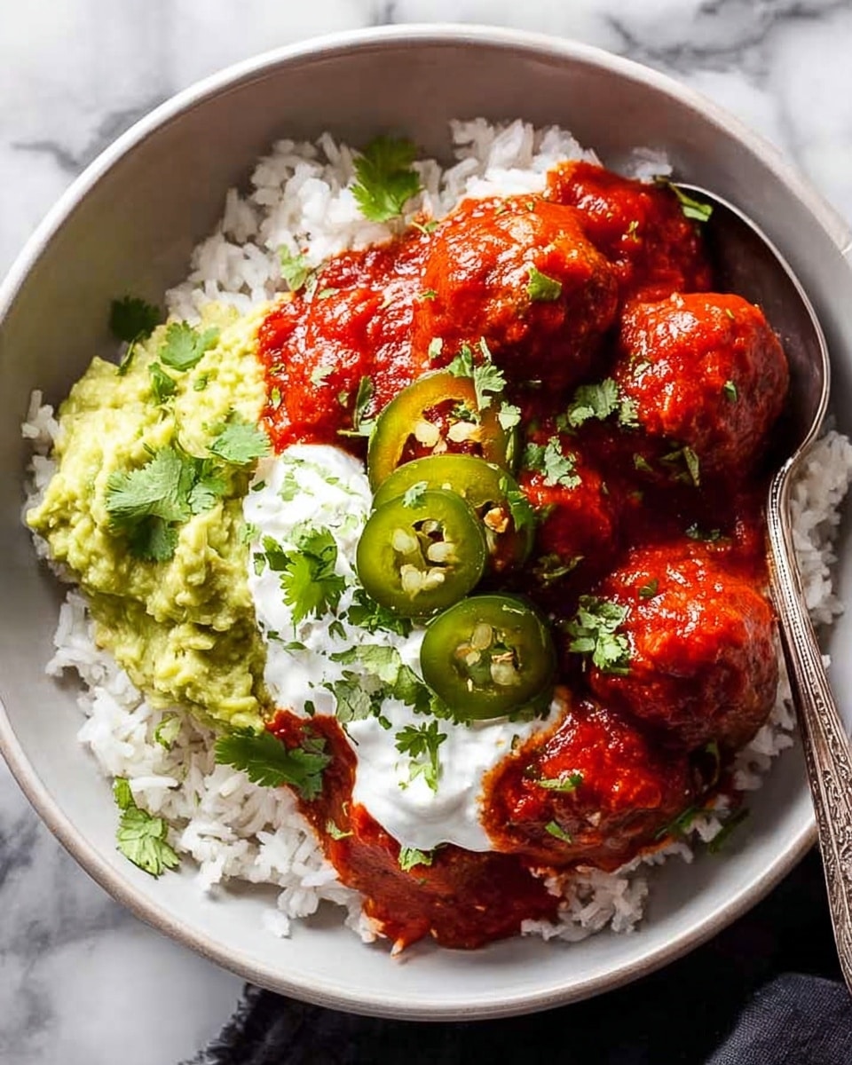 This image shows a white bowl filled with a base layer of fluffy white rice. On top, there are several round meatballs covered in a thick, bright red tomato sauce spread across one side. Next to the meatballs, there is a generous scoop of bright green guacamole, followed by a dollop of smooth white sour cream. On the sour cream, there are three dark green slices of jalapeño pepper, and the whole dish is sprinkled with small bits of chopped green herbs. A silver fork is placed inside the bowl, resting slightly in the rice near the guacamole. The bowl sits on a white marbled surface with a soft gray cloth nearby. Photo taken with an iphone --ar 4:5 --v 7