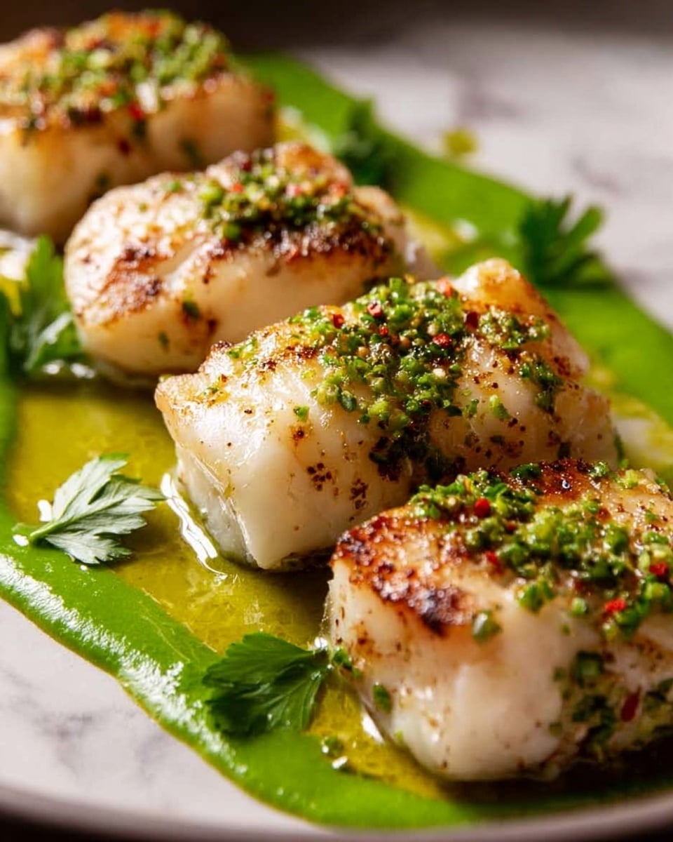 The image shows four pieces of cooked fish, each piece thick and white with a light golden sear, resting on a smooth, bright green sauce spread in a curved line underneath. The fish is sprinkled with finely chopped herbs and small dark seasoning bits, which add texture and color contrast. Around the sauce, there is a shiny, slightly oily glaze on a white marbled surface that reflects light softly. The close-up view emphasizes the moist and tender texture of the fish, with subtle shadows enhancing the depth and layers of the dish. photo taken with an iphone --ar 4:5 --v 7