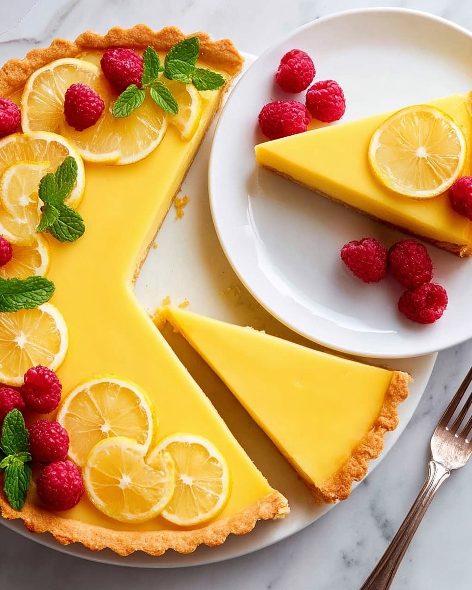 A lemon tart with three layers: a golden-brown crust at the base, a smooth, bright yellow lemon filling in the middle, and thin, translucent lemon slices arranged in a semi-circle on top, accented with fresh red raspberries and small green mint leaves. One slice is cut out and placed on a white plate with fine ridges, with a silver fork beside it. The whole tart sits on a white plate, all on a white marbled surface with a few loose raspberries nearby. photo taken with an iphone --ar 4:5 --v 7
