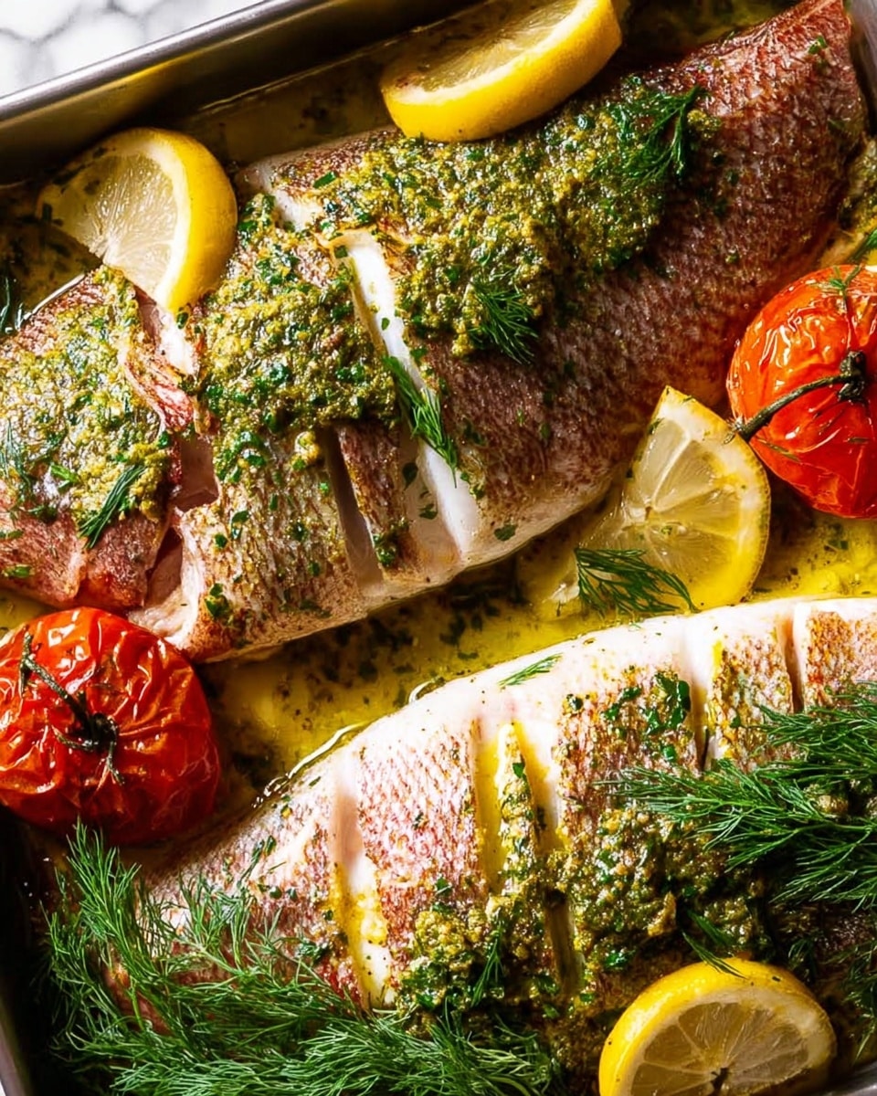 A close-up of two whole cooked fish with golden-brown skin, each with three diagonal cuts on top filled with green herb sauce and drizzled with melted yellow butter, resting on bright green dill sprigs. Around the fish, there are bright yellow lemon wedges on the left side and two whole roasted red tomatoes on the upper left and right corners. All of this is placed in a roasting pan on a white marbled surface. photo taken with an iphone --ar 4:5 --v 7