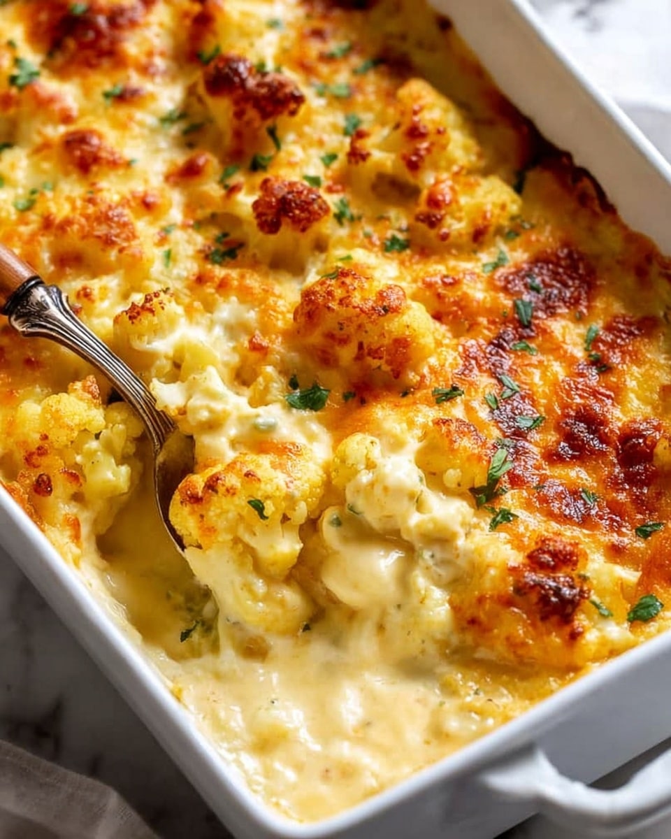 A white rectangular baking dish filled with baked cheesy cauliflower. The top layer is golden brown with patches of melted cheese, browned and slightly crispy, scattered with small bits of green herbs. Beneath the top, there is a creamy, thick cheese sauce coating boiled cauliflower florets in pale yellow and off-white colors. A spoon with a wooden handle is scooping some creamy cauliflower from the dish, showing the soft texture underneath the browned cheese crust. The dish sits on a white marbled surface with some scattered herbs nearby. Photo taken with an iphone --ar 4:5 --v 7