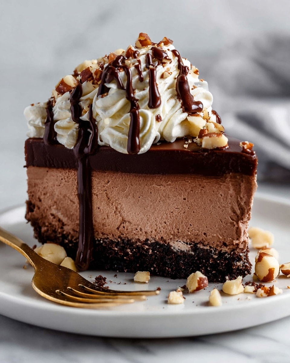 A slice of layered chocolate mousse cake is set on a white plate with a golden fork beside it. The bottom layer is a dark, crumbly crust, topped by a thick, smooth milk chocolate mousse layer. Above the mousse is a shiny, rich dark chocolate glaze. The top of the cake has a swirl of white whipped cream, with drizzles of dark chocolate sauce flowing over the cream and glaze. Crushed hazelnuts are sprinkled on the whipped cream and chocolate glaze, with some whole and cracked hazelnuts scattered near the fork. The scene is against a soft, out-of-focus background with a white marbled surface beneath the plate. Photo taken with an iphone --ar 4:5 --v 7