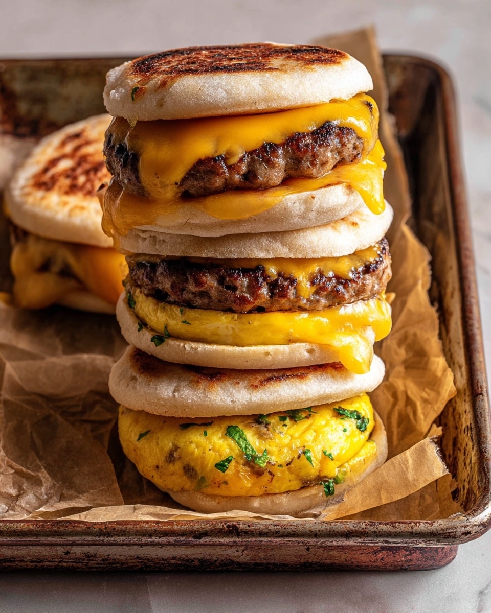 Three stacked breakfast sandwiches sit inside a black metal tray lined with light brown parchment paper. Each sandwich has a soft, toasted English muffin with a pale golden top and bottom. Between the muffin halves, there are two thick, browned sausage patties with a grilled texture, separated by a slice of bright yellow melted cheddar cheese that oozes slightly over the edges. Near the cheese, there is a round, golden-brown grilled egg patty with herbs visible inside, adding a speckled green color. The sandwiches are arranged in a vertical line on a white marbled textured surface. photo taken with an iphone --ar 4:5 --v 7