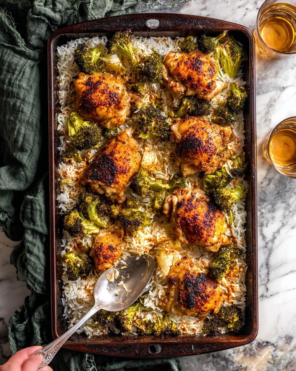 The image shows a black rectangular pan filled with a layered dish on a white marbled texture surface. The bottom layer is white, fluffy cooked rice that covers the whole pan. Scattered on top of the rice are bright green broccoli florets, some roasted to a dark brown at the edges. On the top are five browned, roasted chicken thighs with crispy, slightly charred skin, placed unevenly across the pan. A silver spoon is partially buried in the rice near the bottom left corner of the pan. In the background, a pale grayish-green cloth and a glass with a dark liquid are partially visible. Photo taken with an iphone --ar 4:5 --v 7