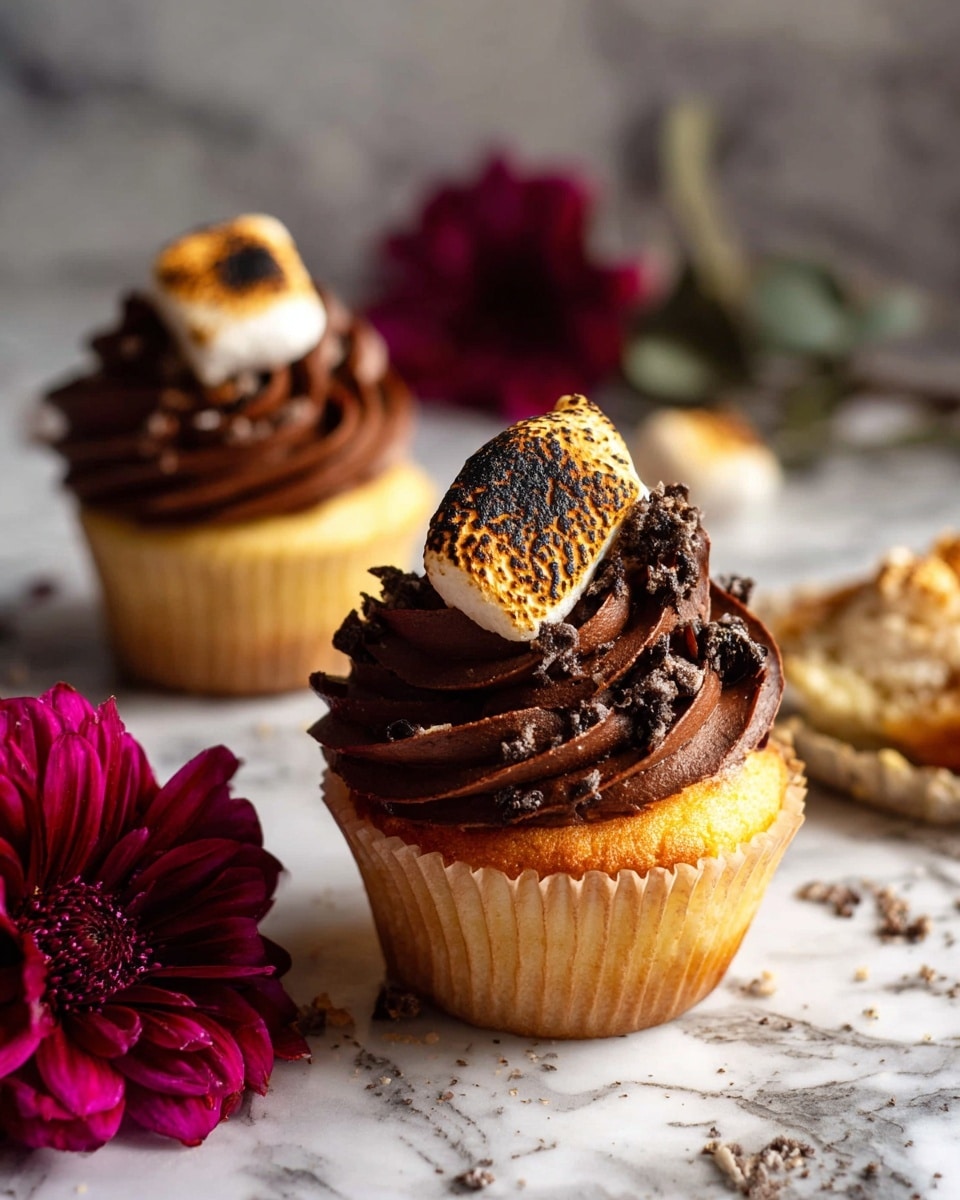 A vanilla cupcake with a golden yellow base wrapped in a crinkled paper liner sits on a white marbled surface. It is topped with a thick, swirled layer of rich, dark chocolate frosting that has a smooth, creamy texture. Crumbled black cookie pieces mixed with white toasted marshmallow bits are scattered on top of the frosting, adding a crunchy and soft contrast. Nearby, a deep magenta flower with green leaves lies beside the cupcake, adding color to the scene. In the background, there is a second cupcake with similar frosting and toppings, slightly out of focus, and a glass vase with flowers. Photo taken with an iphone --ar 4:5 --v 7