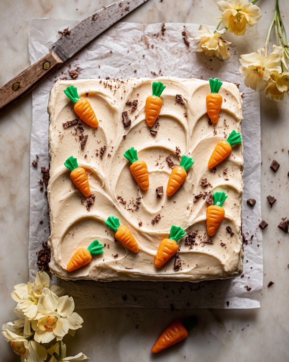 A square single-layer cake with light brown cream frosting spread thickly and unevenly across the top, creating soft swirling textures. The frosting is decorated with small orange carrot shapes made of icing, each topped with a tiny green icing leaf. There are dark chocolate shavings scattered lightly over the frosting, adding texture and contrast. The cake sits on a sheet of white parchment paper over a white marbled surface. Around the cake, there are pale yellow flowers for decoration, with one flower resting on the blade of a rustic knife with a wooden handle placed nearby. photo taken with an iphone --ar 4:5 --v 7