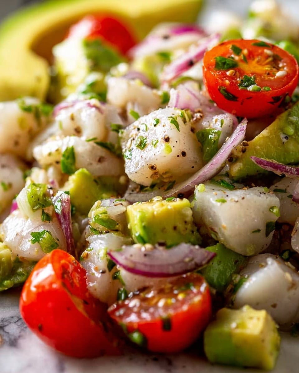 The image shows a close-up of a fresh ceviche dish with several layers of small white fish pieces mixed with light green avocado chunks, bright red halved cherry tomatoes, and thin slices of purple-red onions. The ingredients are sprinkled with chopped green herbs and black pepper, giving a fresh and colorful look. The texture appears juicy and slightly glossy from a light dressing, with smooth fish pieces and soft avocado contrasting the juicy tomatoes and crisp onions. The dish sits on a white marbled texture background. photo taken with an iphone --ar 4:5 --v 7