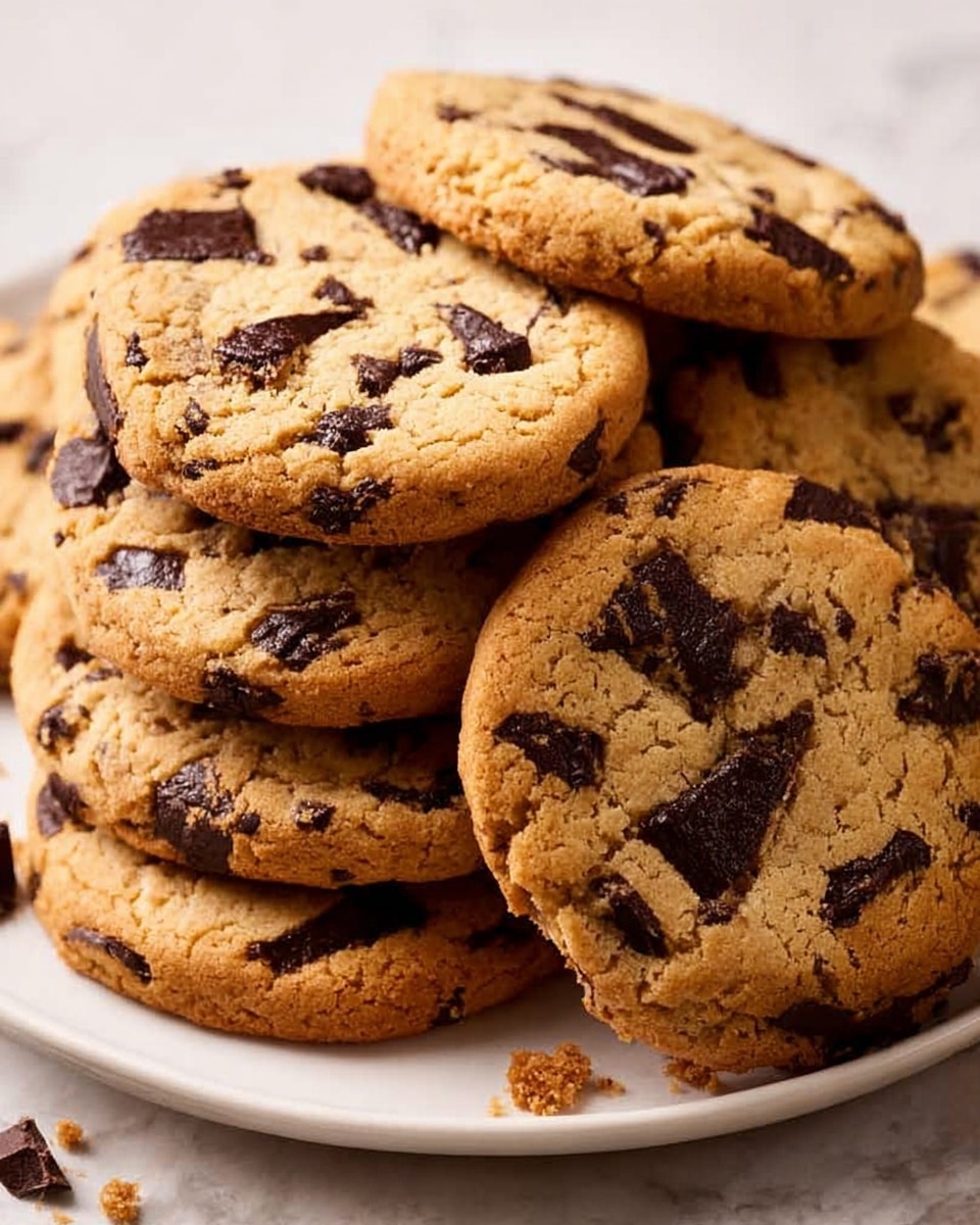 The image shows a close-up view of a pile of round chocolate chip cookies stacked on a white plate. Each cookie is golden-brown with a slightly cracked texture, filled with uneven, chunky dark chocolate pieces scattered across the surface. The cookies overlap each other in a casual stack with some crumbs visible on the plate below, against a white marbled texture background. The lighting highlights the crispy edges and soft centers of the cookies. photo taken with an iphone --ar 4:5 --v 7