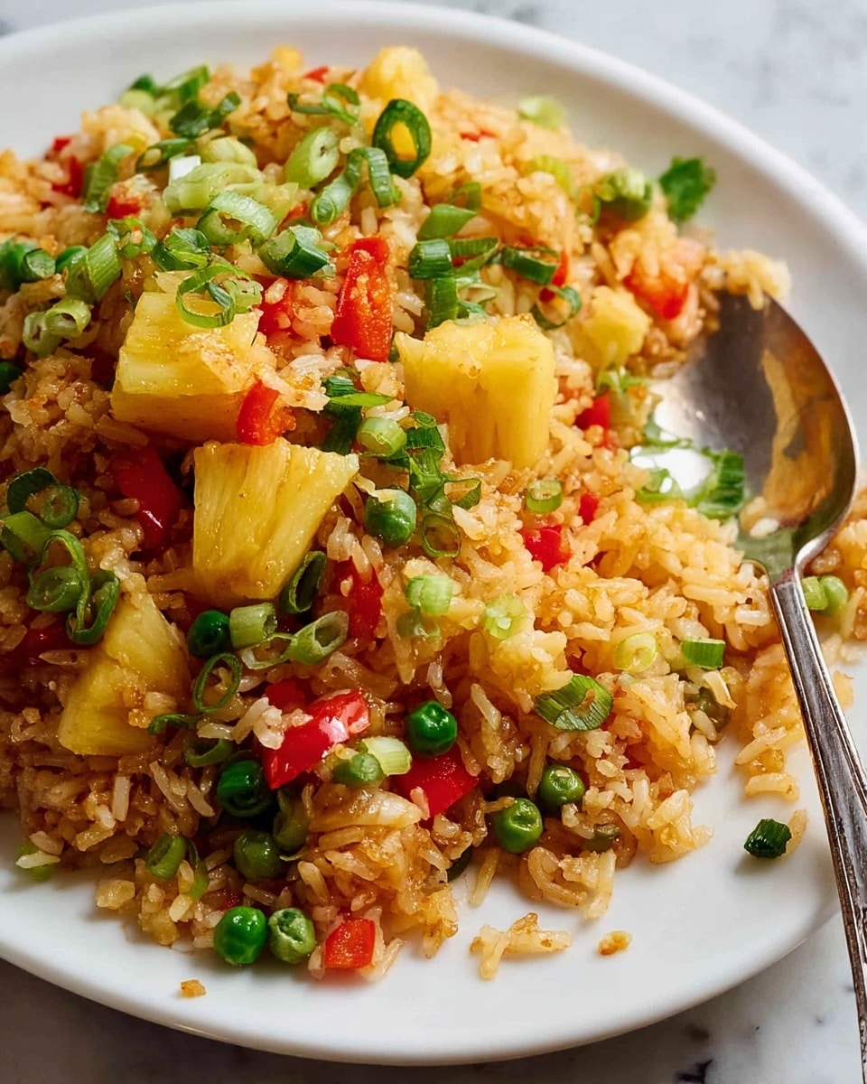 A close-up view of a white plate with a colorful fried rice dish featuring a mix of three main layers: the main layer consists of cooked white rice mixed with bright green peas and diced red bell peppers; scattered throughout are medium-sized pieces of yellow pineapple adding a juicy texture; the dish is stirred with chopped green onions that add fresh green rings on top, all mixed with slightly browned, crispy bits of rice giving a crunchy texture. A silver spoon rests on the right side of the plate, partially buried under the rice. The plate sits on a white marbled surface with small bits of rice and green onion pieces scattered around. photo taken with an iphone --ar 4:5 --v 7