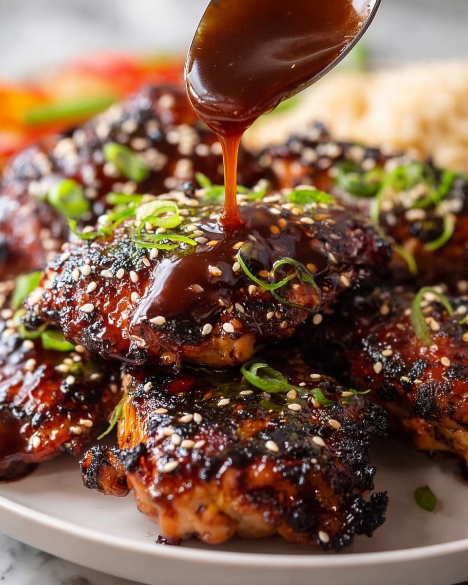 A close-up view of several grilled chicken thighs stacked together on a white plate, each piece covered with a thick, dark glossy sauce being poured over from a spoon above. The chicken is dark brown with char marks, sprinkled with white sesame seeds and small green onion slices scattered on top, adding contrast. The background shows a blurred portion of a side dish and a small white cup with more sauce, all placed on a white marbled surface. photo taken with an iphone --ar 4:5 --v 7