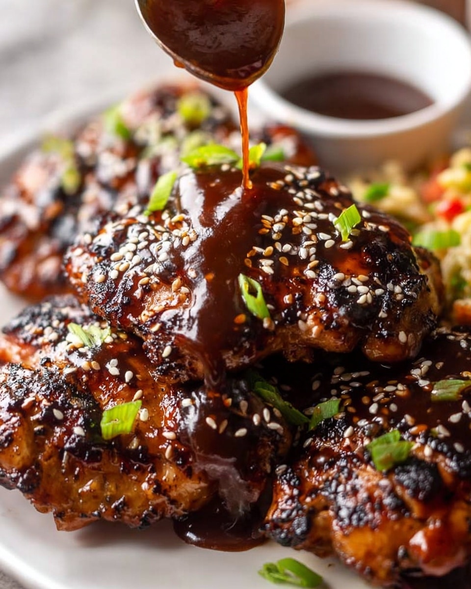 A close-up image of five grilled chicken pieces stacked on a white plate, each piece dark brown with a slightly charred texture, covered in a thick, shiny dark brown sauce being poured from a spoon. The sauce glistens generously on the chicken, sprinkled with white sesame seeds and green onion slices scattered on top. The background shows a soft focus of the white marbled surface and hints of other food colors blurred in the distance. photo taken with an iphone --ar 4:5 --v 7