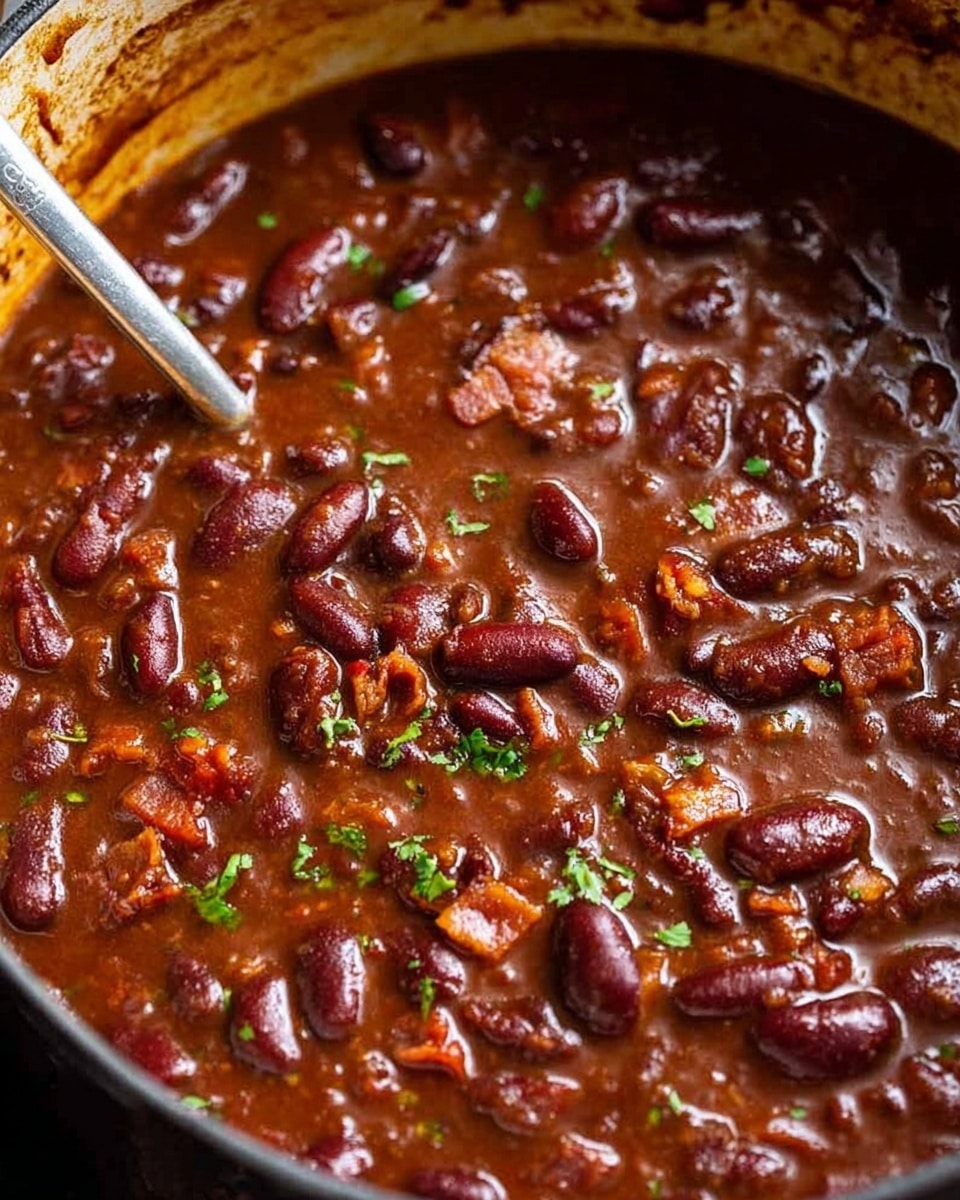 A close-up image of a rich, thick chili dish in a pot, showing dark red kidney beans scattered throughout a deep reddish-brown sauce with chunks of cooked bacon and small bits of green herbs on top. The sauce looks hearty and slightly glossy, with bits of orange from cooked vegetables visible underneath. A metal spoon partially dips into the chili on the right side of the pot, with sauce clinging to it. The pot edges are slightly stained with sauce, highlighting the dense texture of the chili. The background has a white marbled texture. photo taken with an iphone --ar 4:5 --v 7