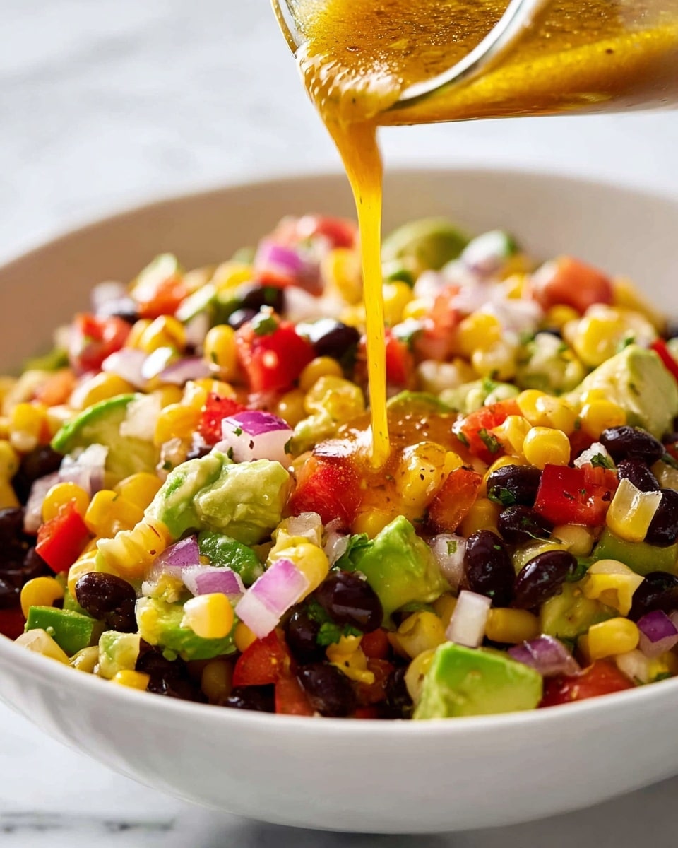 A close-up view of a white bowl filled with a colorful salad made of black beans, yellow corn kernels, chopped red bell peppers, diced green avocado, and pieces of red onion. Bright yellow dressing is being poured over the top, creating a glossy, flowing effect on the textured mix of vegetables. The salad layers show the contrast of vibrant reds, greens, blacks, purples, and yellows with fresh, slightly chunky pieces. The background is a white marbled texture. photo taken with an iphone --ar 4:5 --v 7