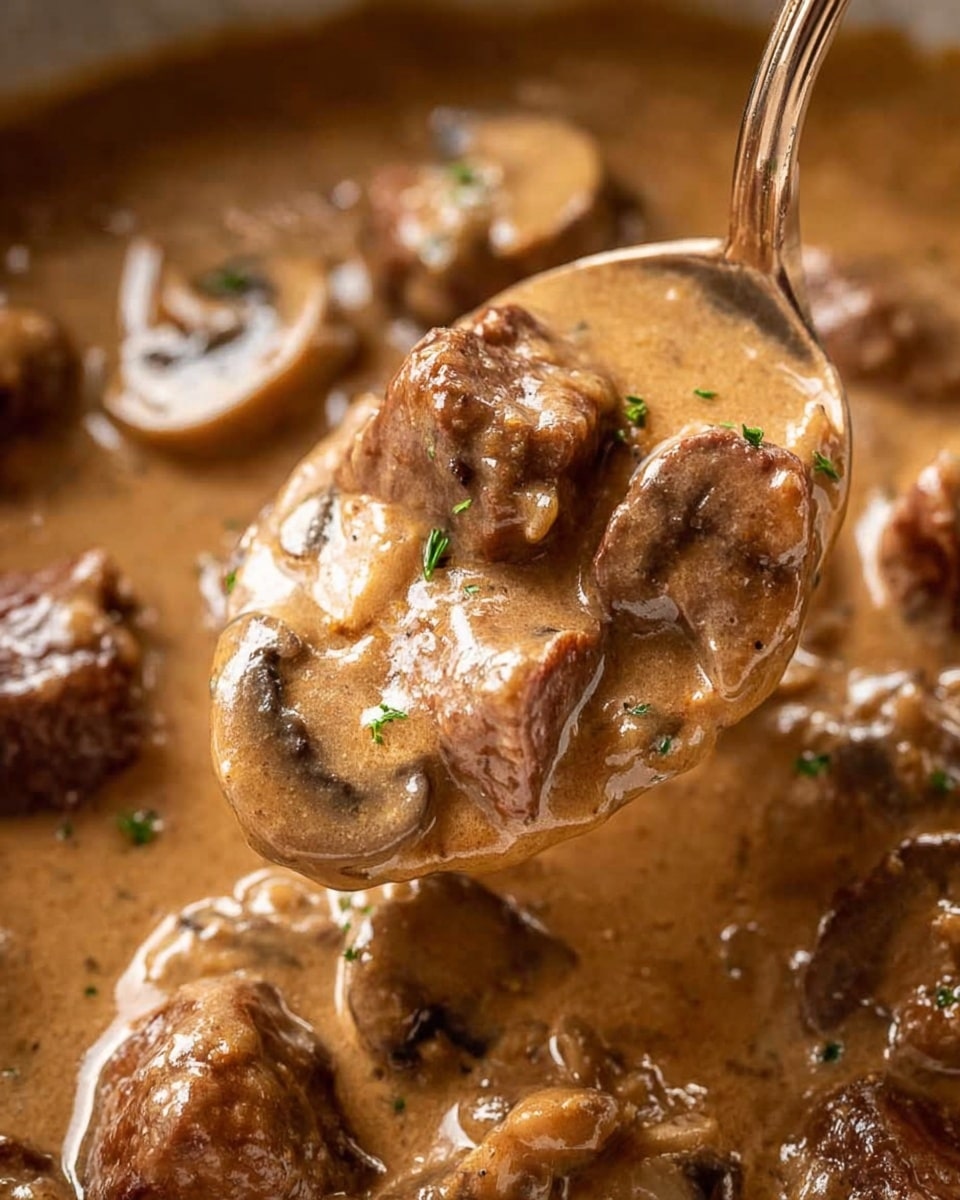 A close-up view of a thick, creamy stew with several chunks of browned meat and sliced mushrooms in a rich brown sauce, speckled with small green herb pieces on top. The stew is being lifted by a metal ladle, showing a shiny, smooth texture with visible bits of meat and mushrooms coated evenly in the sauce, while the background shows more of the same stew in a white marbled texture bowl. The overall color palette is warm with browns and a hint of green from the herbs. photo taken with an iphone --ar 4:5 --v 7