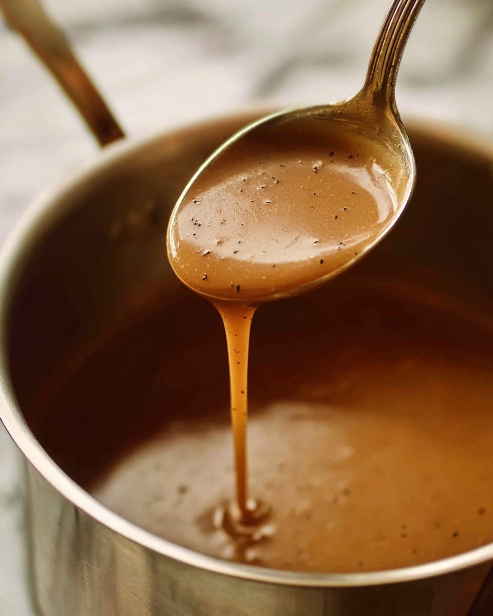 The image shows a close-up of a shiny metal ladle lifting smooth, light brown gravy from a pot filled with the same gravy. The gravy has a creamy texture with a few small dark specks and is thick enough to drip slowly from the ladle. The pot is silver-colored, and the background is softly blurred with a white marbled texture. Photo taken with an iphone --ar 4:5 --v 7
