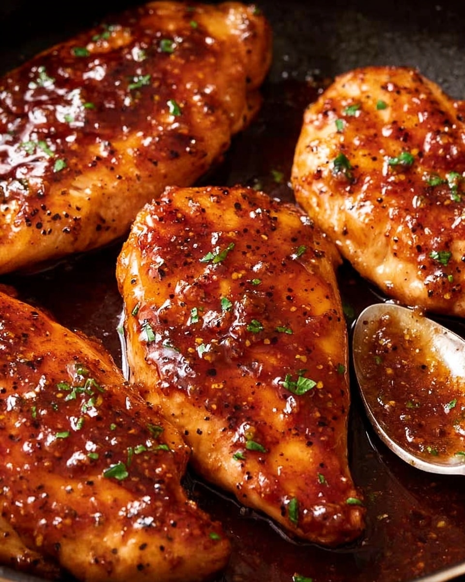 The image shows several pieces of golden-brown chicken breast covered in a thick, shiny, reddish-brown glaze sauce with visible small bits of seasoning. Each piece is sprinkled with small green herb leaves. The chicken is placed closely together on a dark surface with a white-marble textured background. A spoon with extra sauce is visible at the top right corner. The texture of the chicken looks moist and tender. photo taken with an iphone --ar 4:5 --v 7