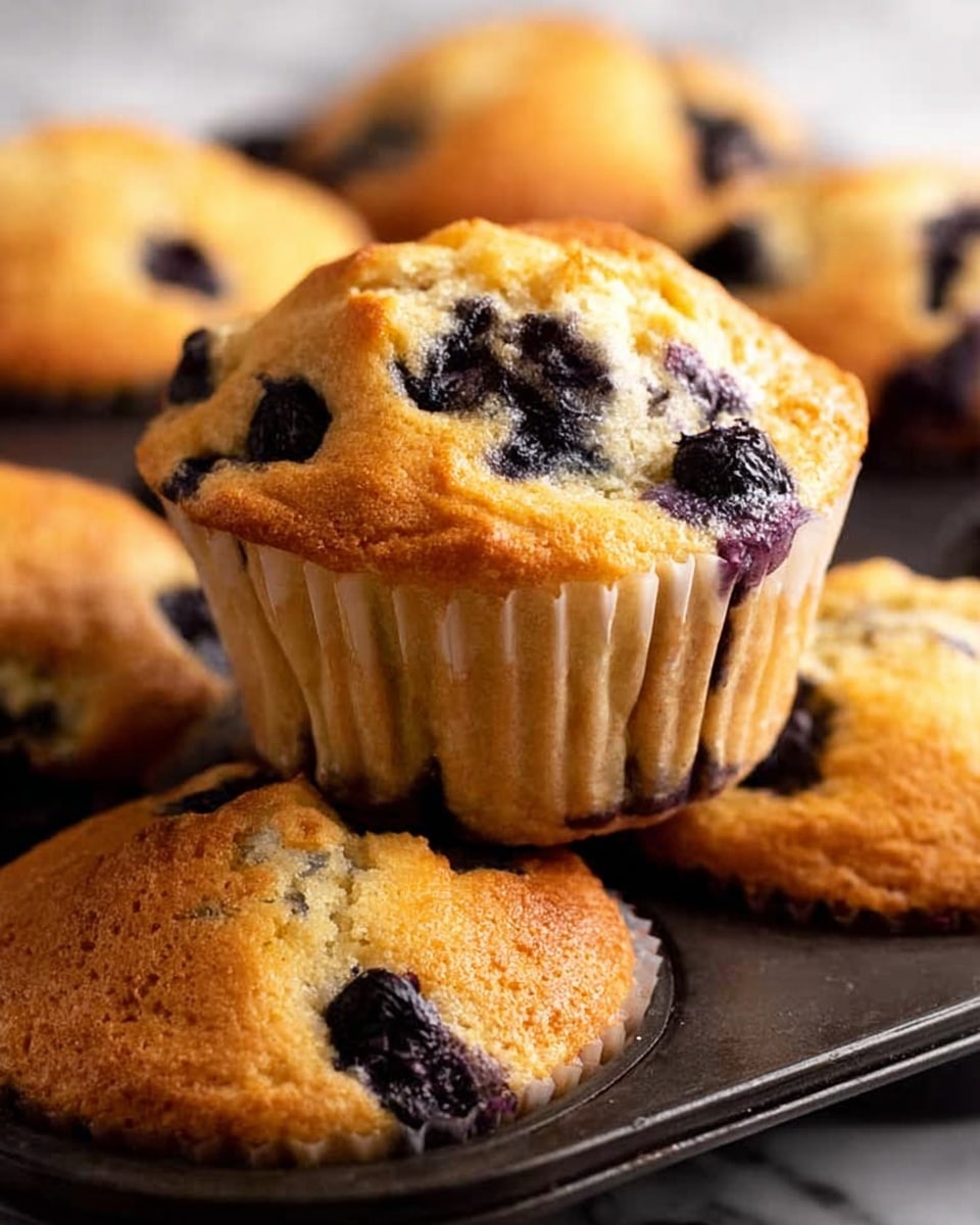 A close-up of a freshly baked blueberry muffin with a golden brown top and visible dark purple blueberries scattered throughout the muffin's soft, yellowish interior. The muffin paper liner is partially peeled away and slightly wrinkled at the base, showing the muffin's textured crust. Surrounding the main muffin, there are other muffins with similar golden tops and blueberry spots, arranged inside a black muffin pan. The whole scene is set on a white marbled texture surface. photo taken with an iphone --ar 4:5 --v 7