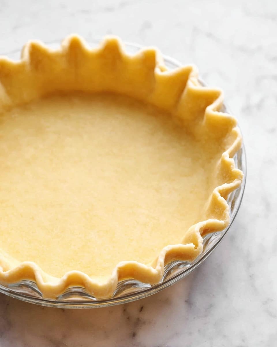 A close-up of a single pie crust in a clear glass pie dish resting on a white marbled surface. The crust is golden yellow with a soft, slightly thick texture, pressed evenly inside the dish, with the edges neatly pinched into a wavy pattern that rises above the dish’s rim. The empty center of the crust shows a smooth, flat surface, ready for filling. Photo taken with an iphone --ar 4:5 --v 7